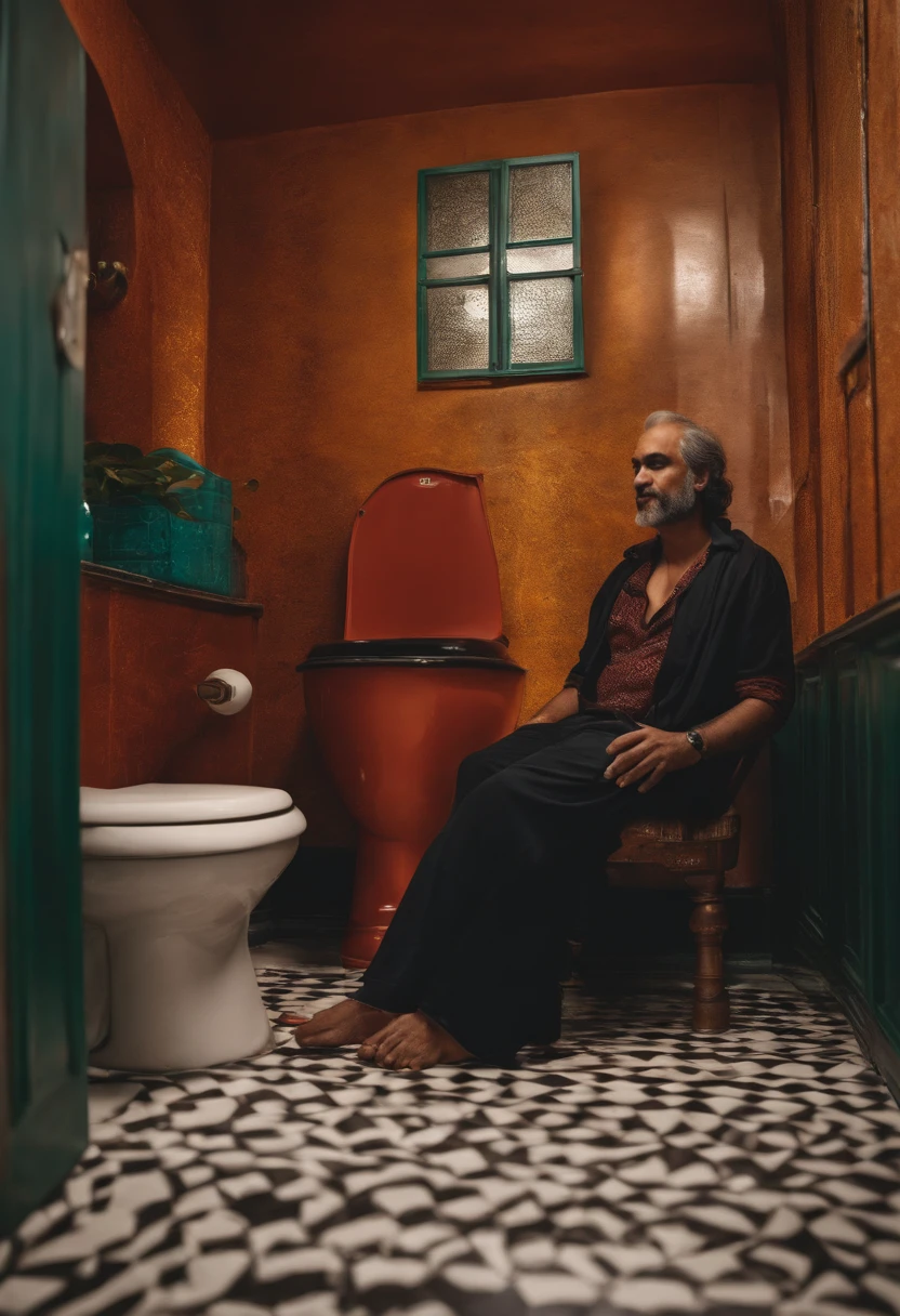 Reza Pishro sitting on the toilet