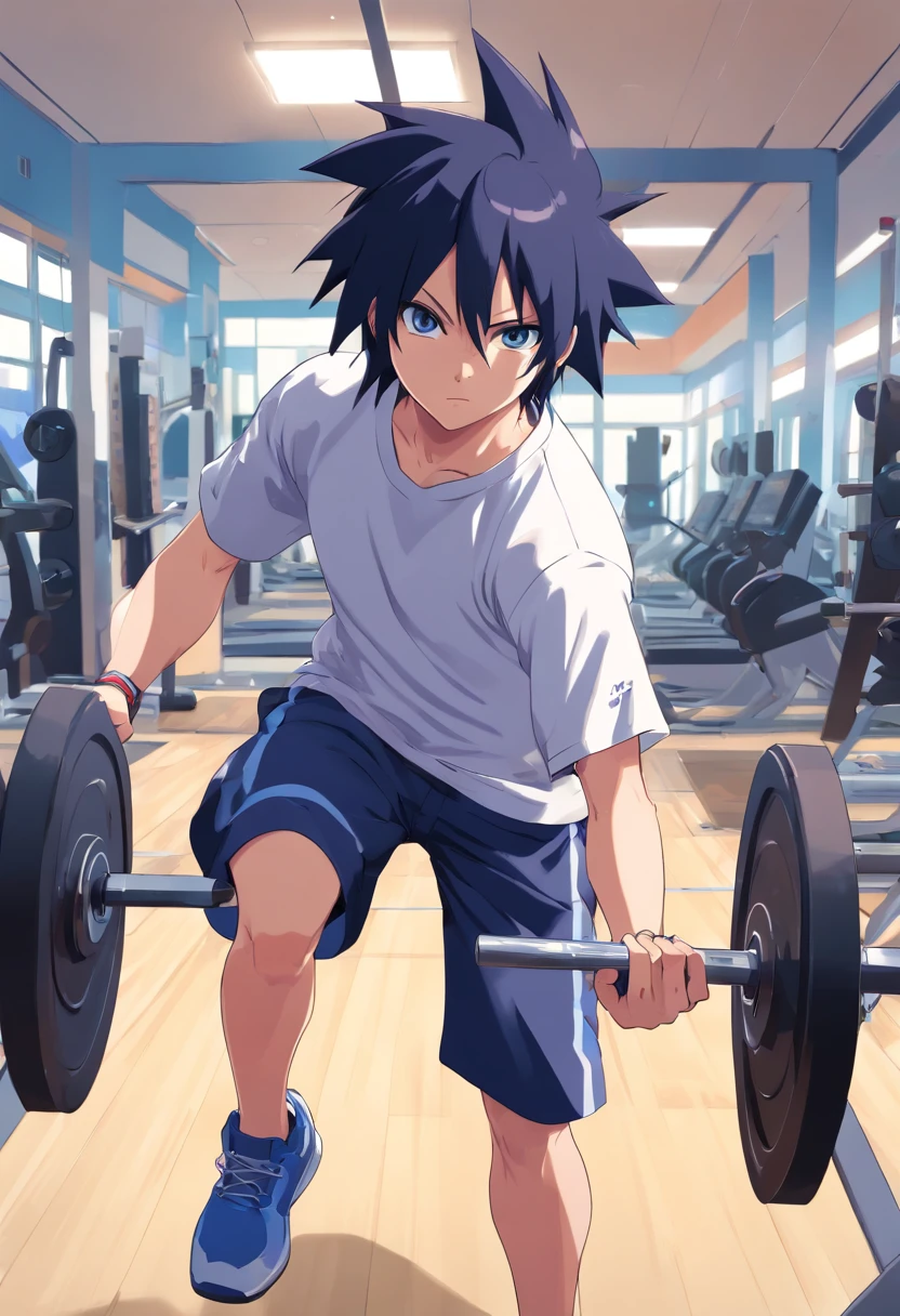 a T-shirt illustration of Sasuke the hedgehog working out intensely in a gym