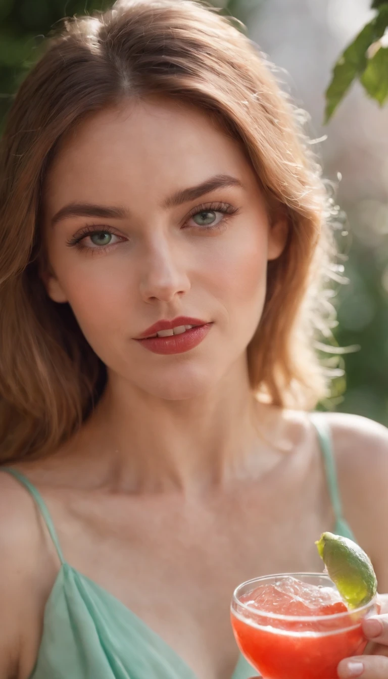 a young woman , fruit and cocktail, in the style of light red and light emerald, humorous imagery, wimmelbilder, close up,medium shot