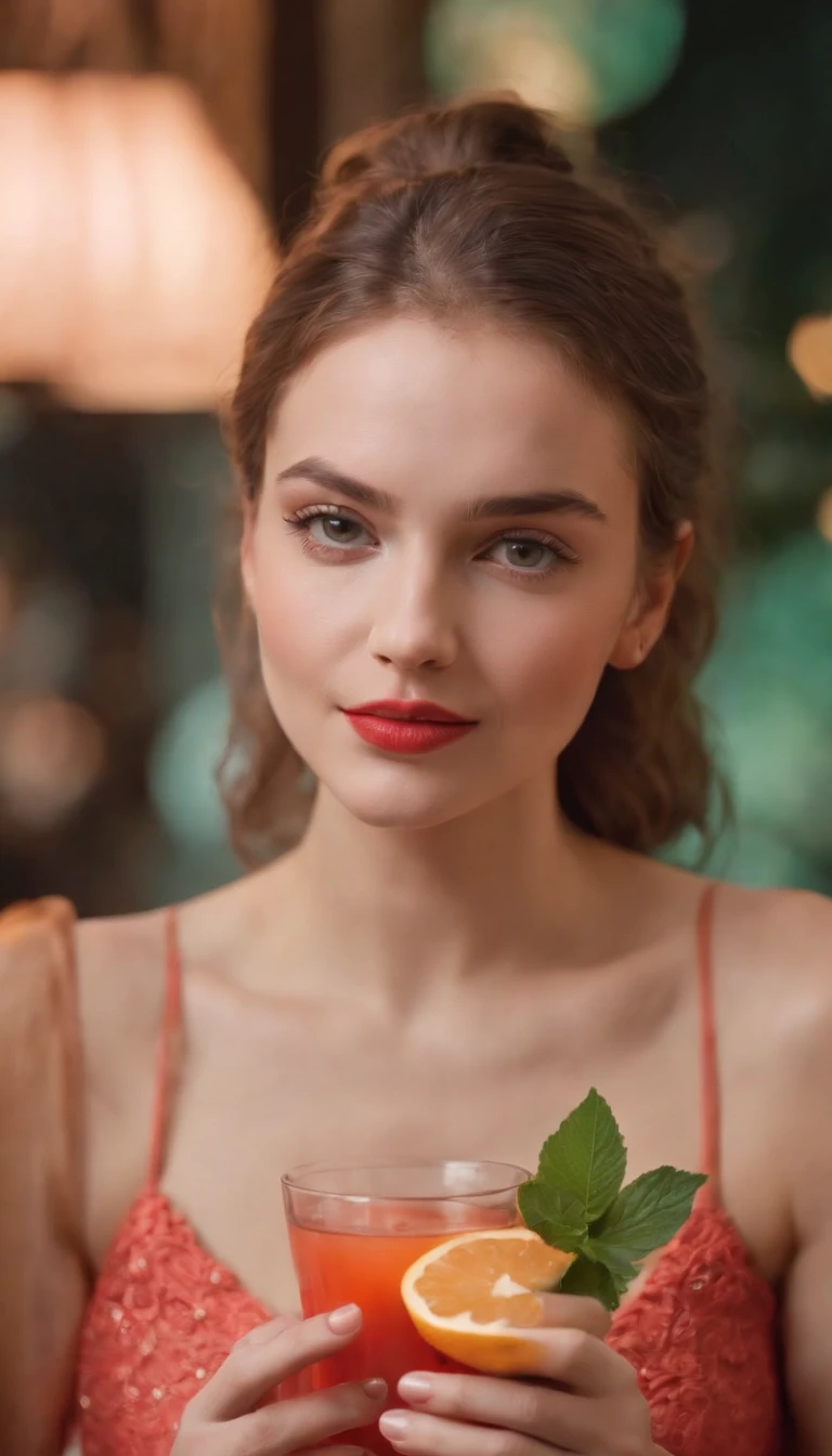 a young woman , fruit and cocktail, in the style of light red and light emerald, humorous imagery, wimmelbilder, close up,medium shot