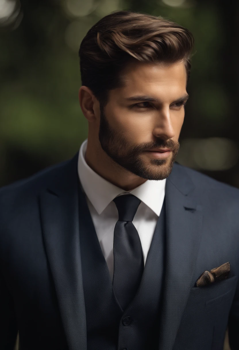 em cima、Make a handsome man in his 30s in a black suit and tie, CEO, cabelos castanhos e barba, (Homem de terno preto e gravata), ), (Use barba,) Attractive and serious look, cabelos curtos e escuros, Elegante e elegante, Barbear suit-fit e corpo forte, (alta qualidade, imagens realistas), Preto escuro e claro no fundo da imagem, Estilo de filme, ((qualidade superior, 8k, obra prima), ultra hi definition photo, (Rostos bonitos detalhados, textura da pele do detalhe, Corpo hiperdetalhado:1.1)