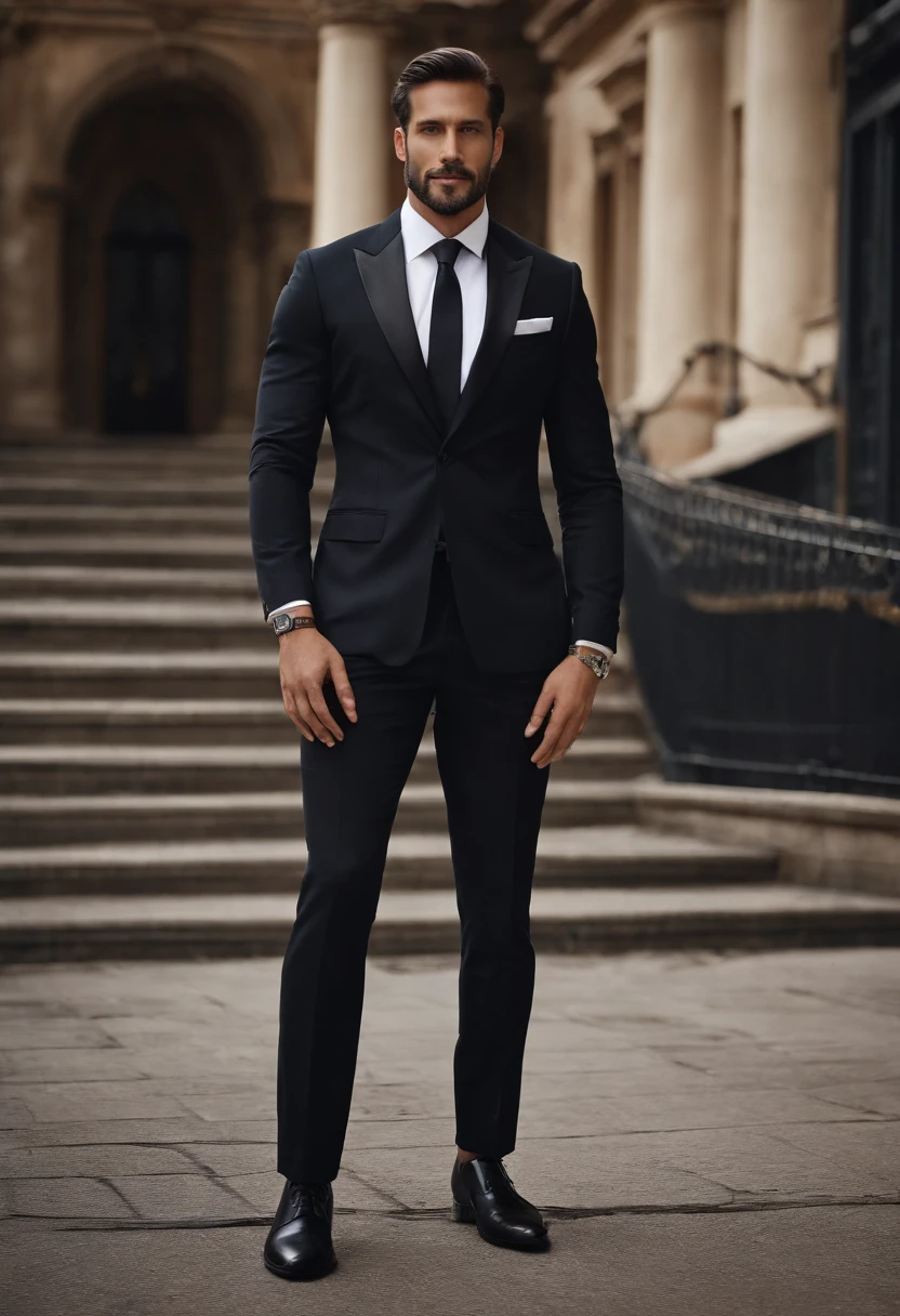 em cima、Make a handsome man in his 30s in a black suit and tie, CEO, cabelos castanhos e barba, (Homem de terno preto e gravata), ), (Use barba,) Attractive and serious look, cabelos curtos e escuros, Elegante e elegante, Barbear suit-fit e corpo forte, (alta qualidade, imagens realistas), Preto escuro e claro no fundo da imagem, Estilo de filme, ((qualidade superior, 8k, obra prima), ultra hi definition photo, (Rostos bonitos detalhados, textura da pele do detalhe, Corpo hiperdetalhado:1.1)