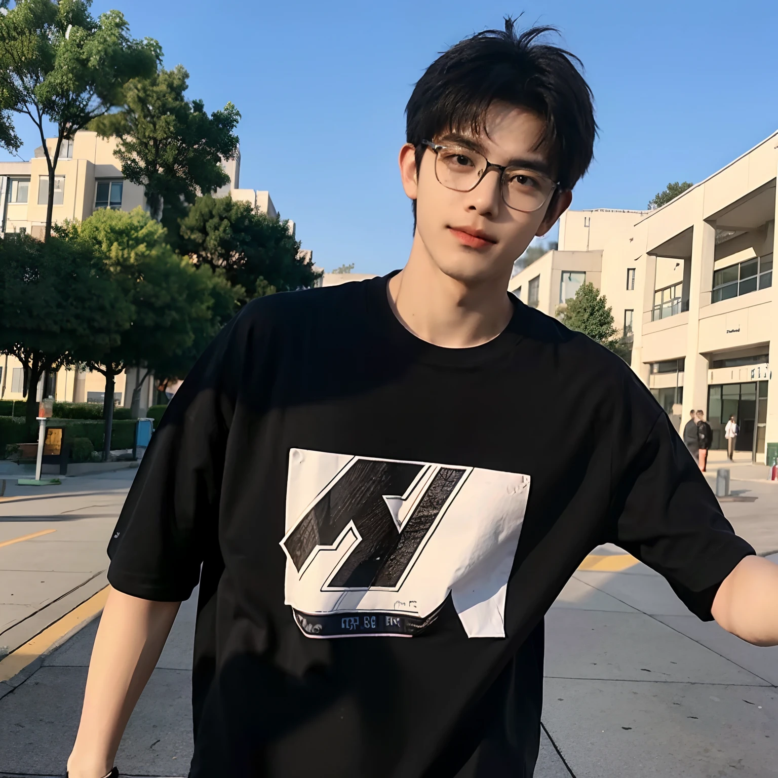 A male high school student,wears glasses,Wear a T-shirt,with short black hair,Handsome and handsome,The background is the campus,rays of sunshine,Face shot
