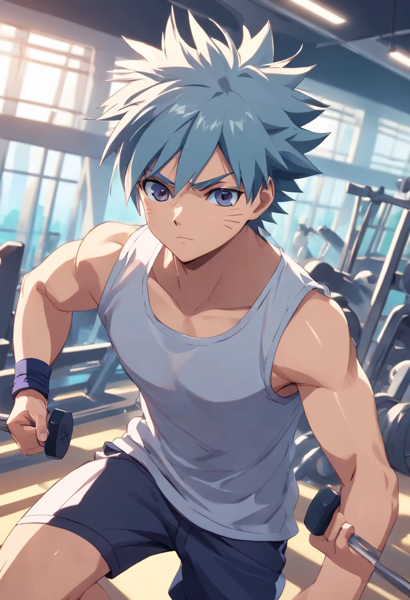 a T-shirt illustration of Kakashi the hedgehog working out intensely in a gym