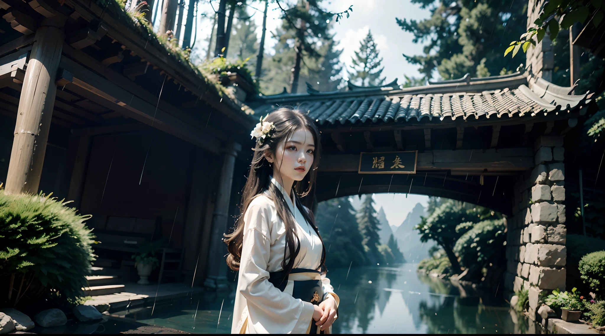 Best quality,Masterpiece,超高分辨率,Photorealistic,1 girl,White silk hanfu,Dripping eaves,stone,Thinking about the setting under the eaves,(Real rain),bamboo forrest,Small streams,Leaning_against a wall,in a panoramic view,(Dynamic Angle),