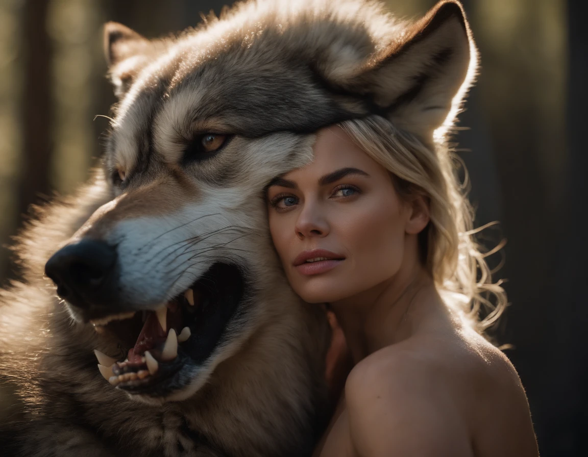 4k highly detailed realistic digital extremely high quality RAW photograph, a portrait photo of margot robbie that lived with wolves her whole life is now leading them to battle. torn clothes exposing (nude:1.4) body, armored pauldrons, fangs, curled horns, big breasts, ((snow and blood)), ((wolf tattoos)), epic, hyperrealistic, hyperrealism, 8k, cinematic lighting, greg rutkowski, wlop, (f1.8 short focus bokeh)