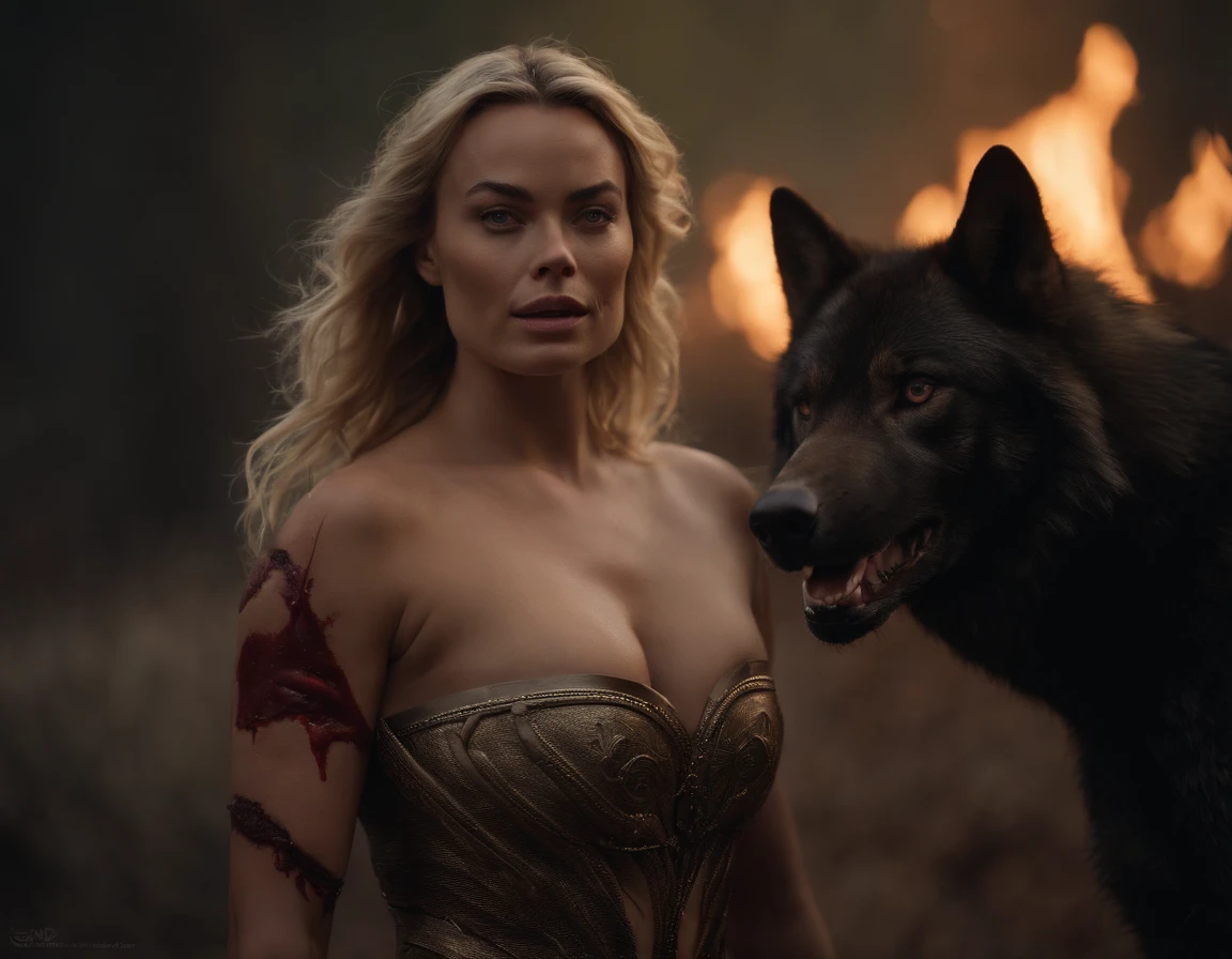 4k highly detailed realistic digital extremely high quality RAW photograph, a portrait photo of margot robbie that lived with wolves her whole life is now leading them to battle. torn clothes exposing (nude:1.4) body, armored pauldrons, fangs, curled horns, big breasts, ((snow and blood)), ((wolf tattoos)), epic, hyperrealistic, hyperrealism, 8k, cinematic lighting, greg rutkowski, wlop, (f1.8 short focus bokeh)