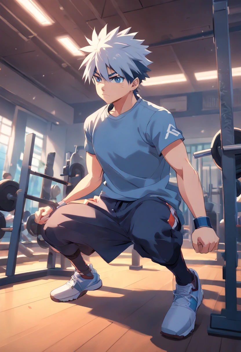 a T-shirt illustration of Kakashi the naruto working out intensely in a gym