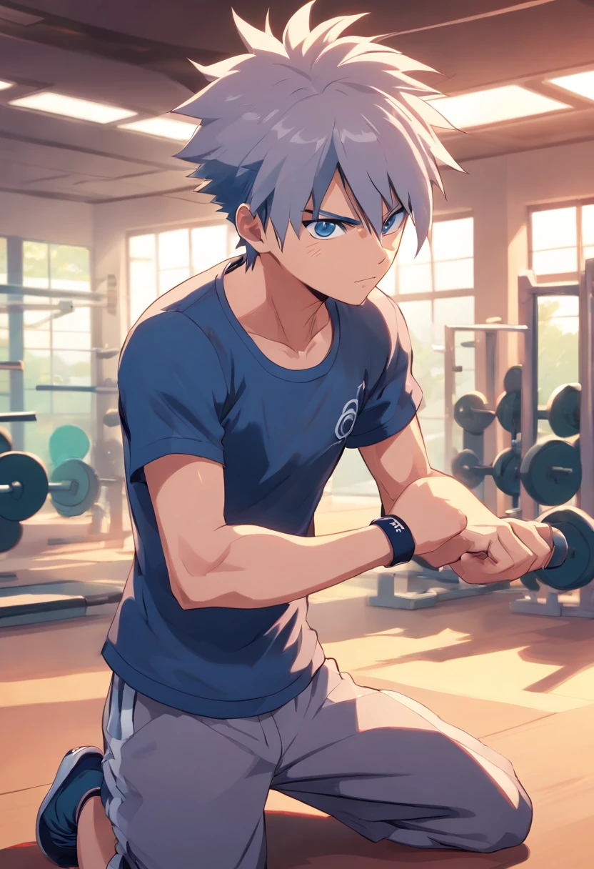 a T-shirt illustration of Kakashi the naruto working out intensely in a gym