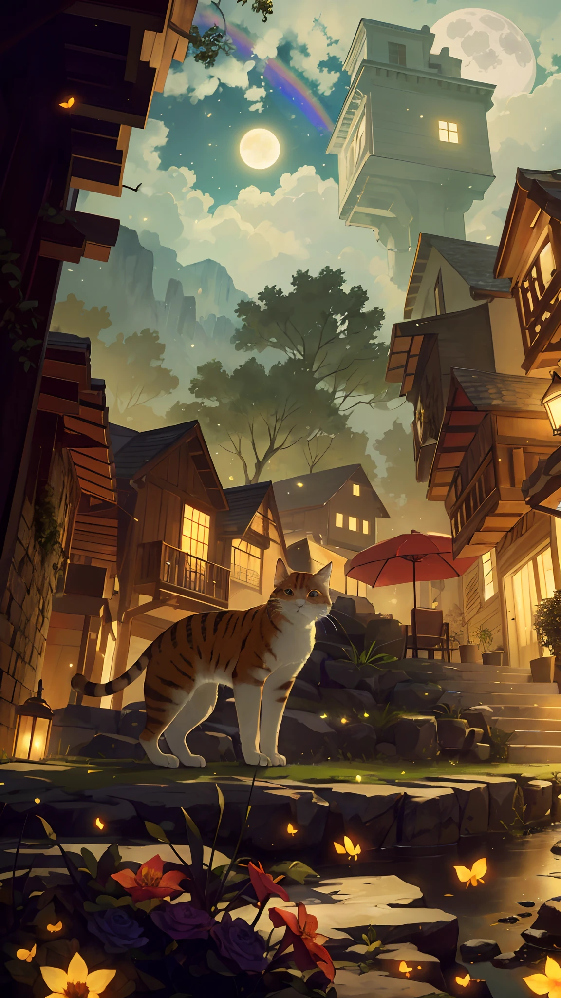 Vast landscape photo, (viewed from below, the sky is above and the open field is below), a fat Cat standing on a flower field looking up, cute cat, orange cat, (full moon: 1.2), (meteor: 0.9), (nebula: 1.3), distant mountains , Trees BREAK Crafting Art, (Warm Light: 1.2), (Fireflies: 1.2), Lights, Lots of Purple and Orange, Intricate Details, Volumetric Lighting, Realism BREAK (Masterpiece: 1.2), (Best Quality), 4k, Ultra-Detailed, (Dynamic Composition: 1.4), Very Detailed, Colorful Details, (Rainbow Colors: 1.2), (Glow Lighting, Atmospheric Lighting), Dreamy, Magical, (Solo: 1.2)
