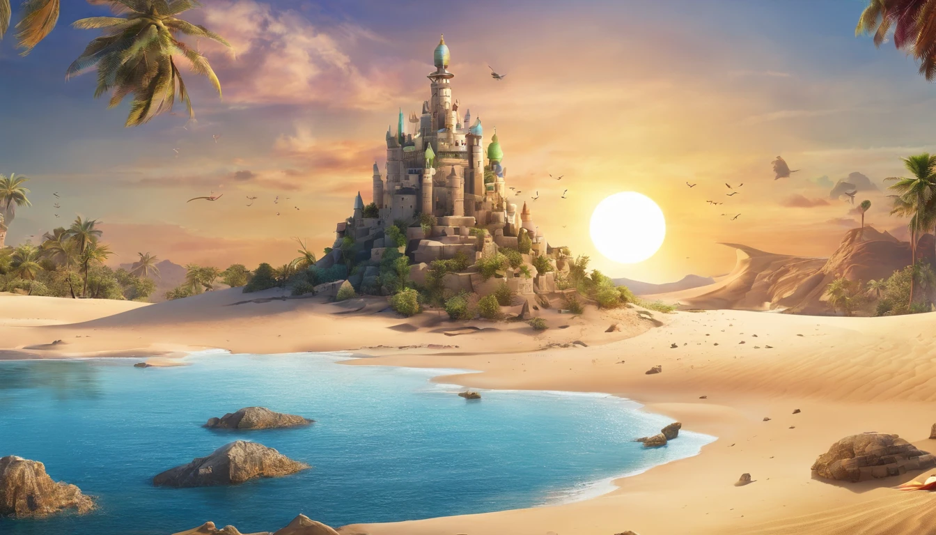 desert island, only exist castle made of sand, ruined castle, white sand, sunset, sunset sun, moon, ocean,