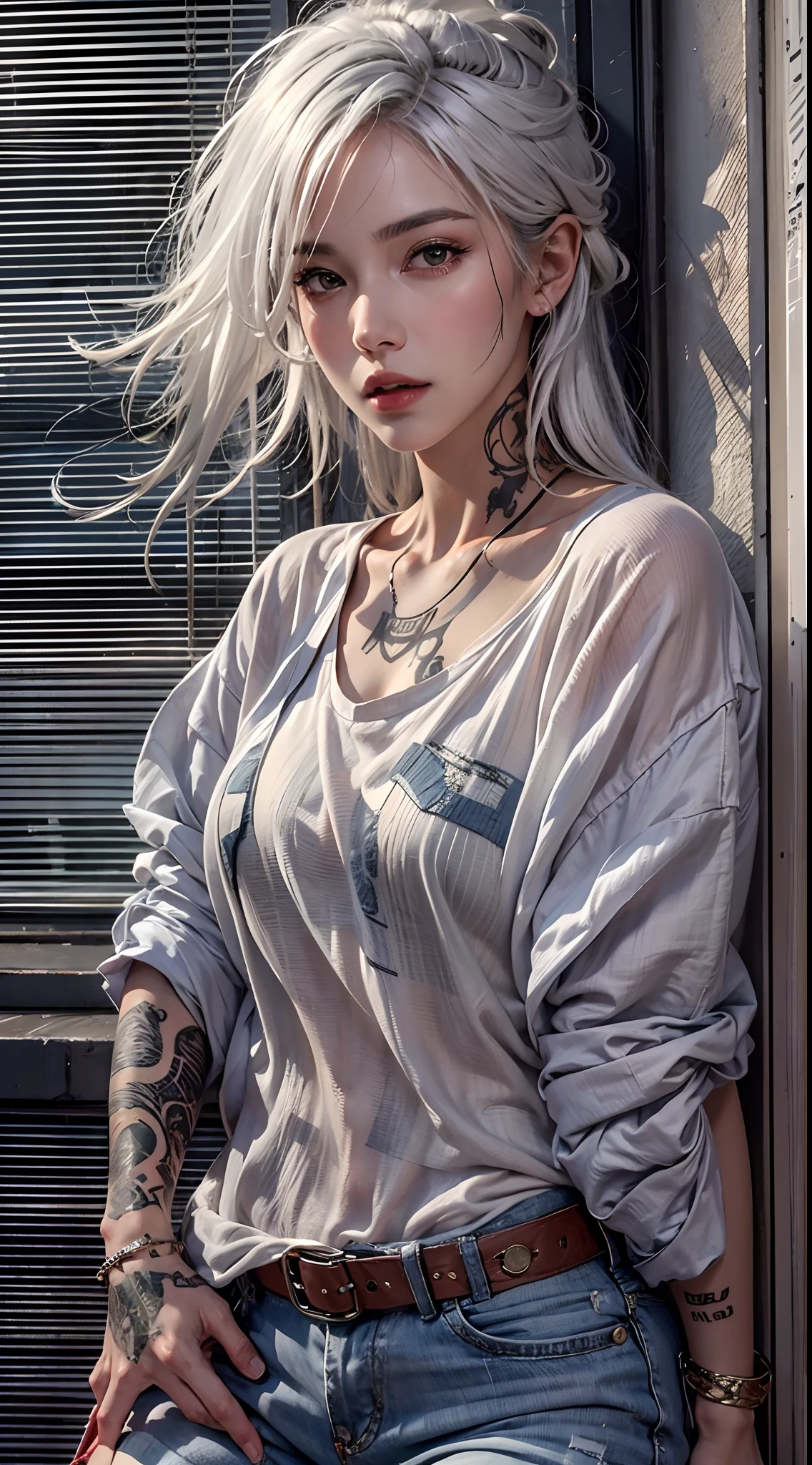 photorealistic, high resolution, 1women, mature female, solo, hips up, look at viewer, (detailed face), white hair, long hair, street wear, tattoo