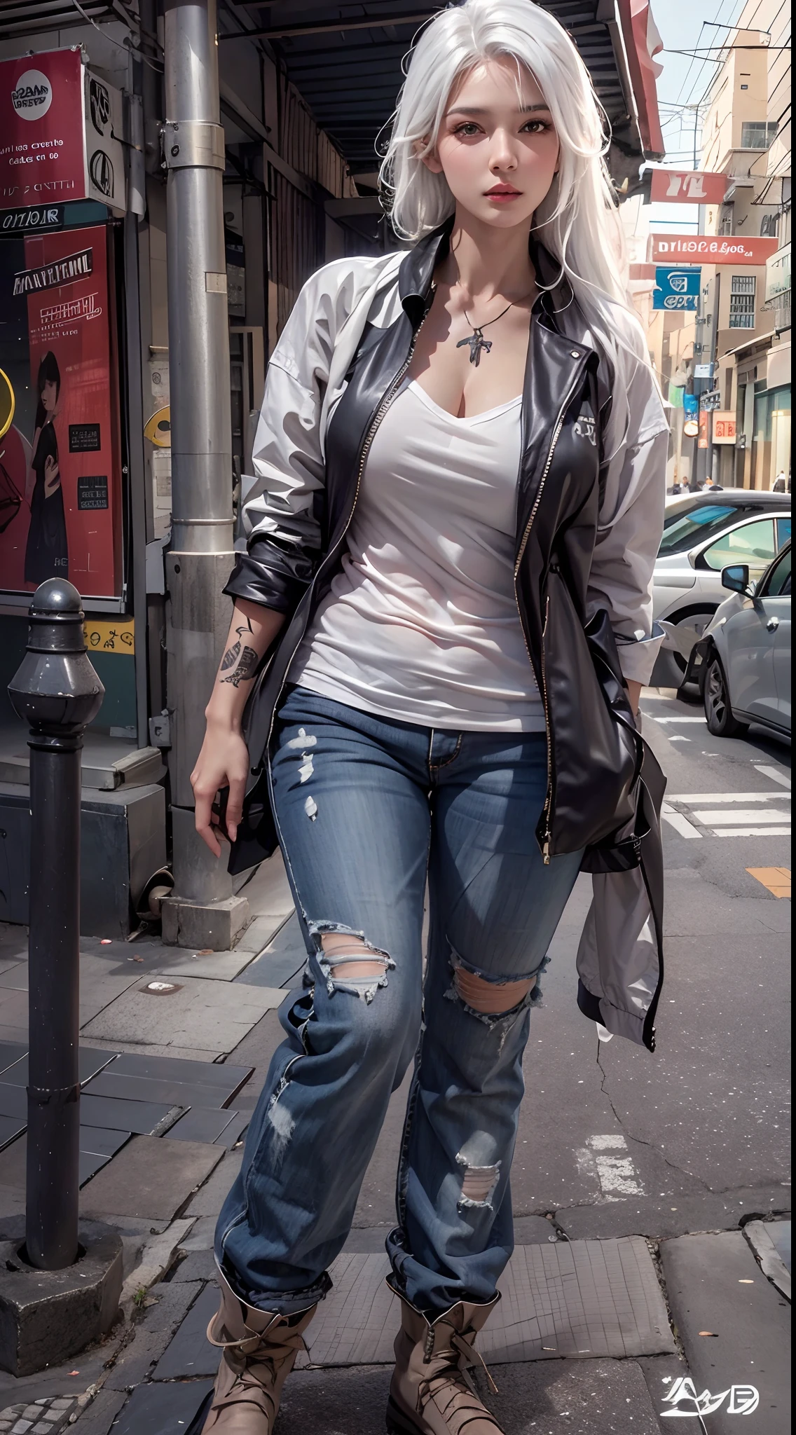 photorealistic, high resolution, 1women, mature female, solo, hips up, look at viewer, (detailed face), white hair, long hair, street wear, tattoo
