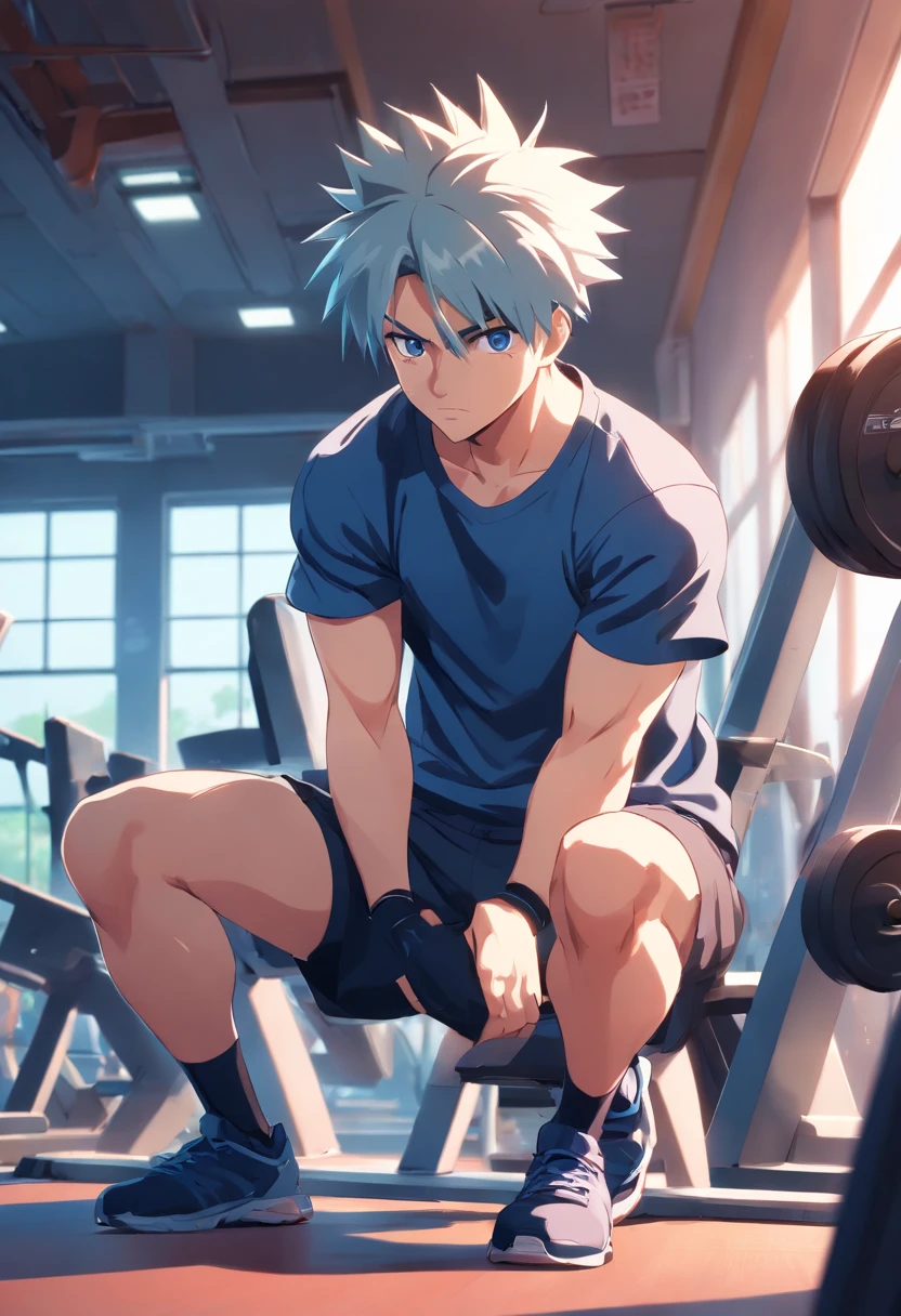 a T-shirt illustration of Kakashi working out intensely in a gym