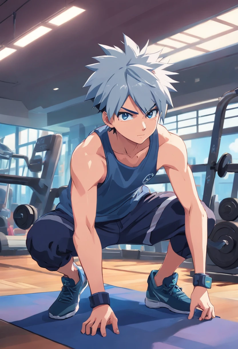 a T-shirt illustration of Kakashi working out intensely in a gym