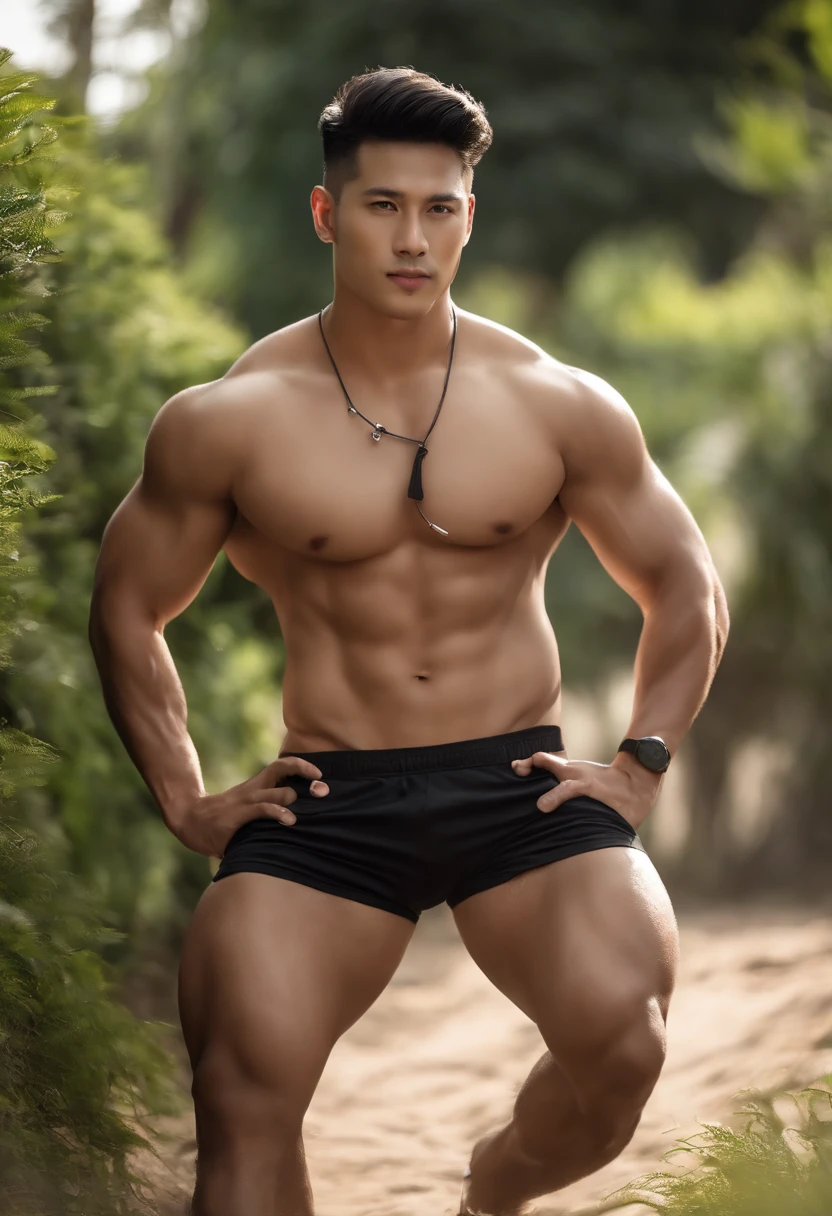 1 man，1 male，Asian male，Asian people，Realistic, (Masterpiece, Top quality, Best quality, offcial art), Very detailed, Most detailed, God, Short hair, Black hair, Handsome man, necklace, pectoral, Abs, Brown skin, Black eyes, Handsome， Muscular, ((Wide shoulders and wide waist)), Shirtless，，Wearing gym shorts，The bare legs are hairy，Calf muscular feeling，Barefoot，ssmile，There are hairs on the toes，full bodyesbian，The ass sits on the ground，legs are open，Delicate man feet，