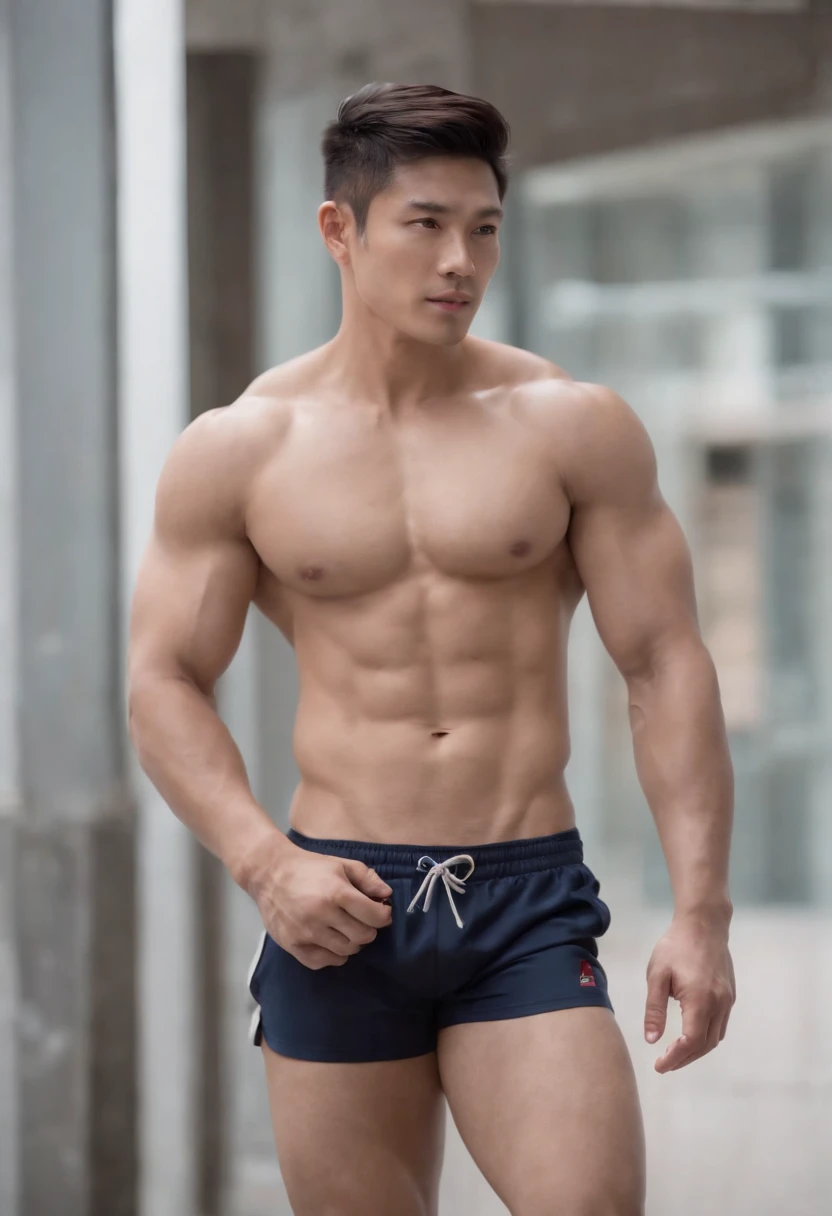 1 man,1 male,Asian male,Asian people,Realistic, (Masterpiece, Top quality, Best quality, offcial art), Very detailed, Most detailed, God, Short hair, Black hair, Handsome man, necklace, pectoral, Abs, Brown skin, Black eyes, Handsome, Muscular, ((Wide shoulders and wide waist)), Shirtless,,Wearing gym shorts,The bare legs are hairy,Calf muscular feeling,Barefoot,ssmile,There are hairs on the toes,full bodyesbian,The ass sits on the ground,legs are open,Delicate man feet,