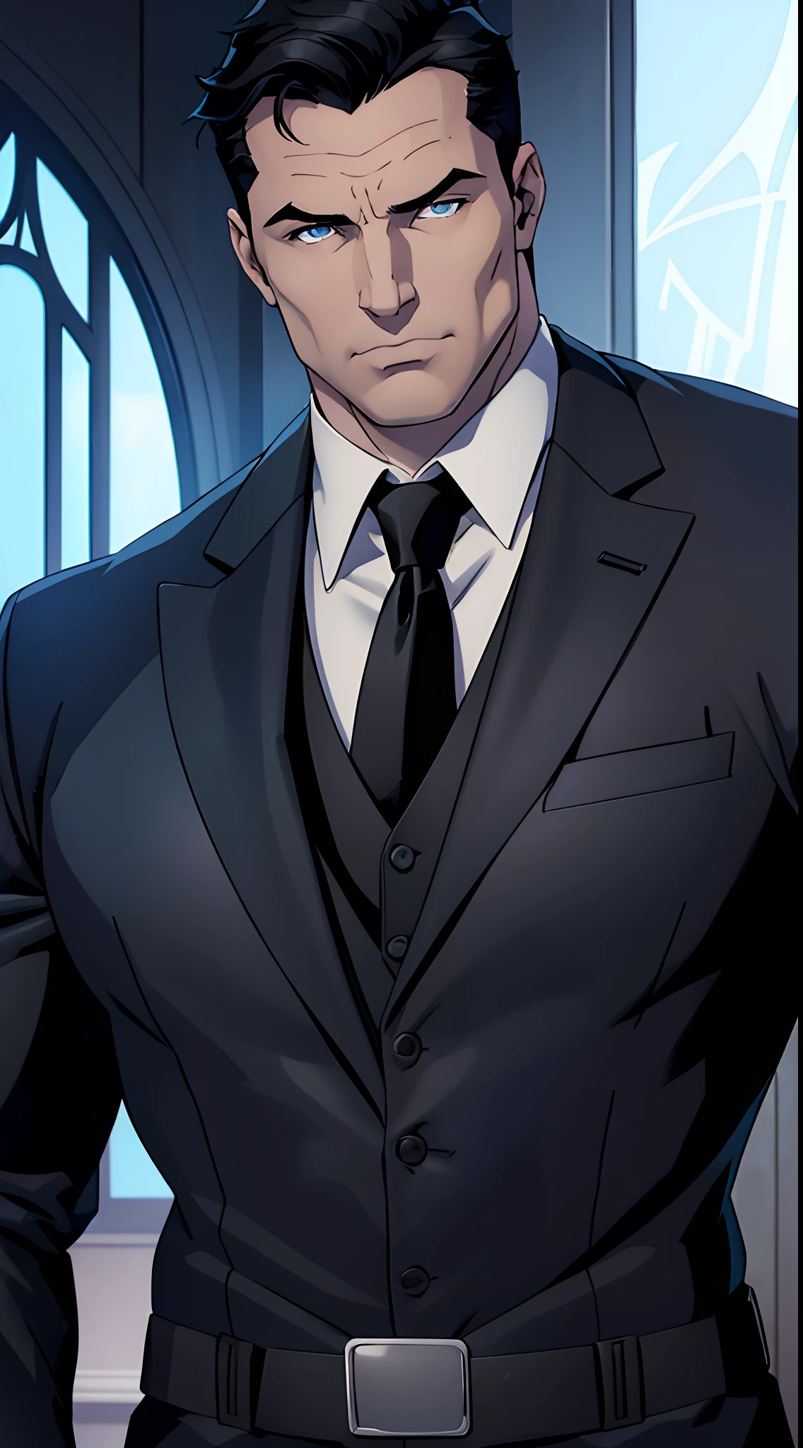 1 man, Bruce Wayne (Batman), muscular male, daddy, large pectorals, male focus, middle-aged man, black hair, short hair, blue eyes, smirks, face focus, black tuxedo suit, black necktie, upper body shot, skycrapers, ((masterpiece)), nightime