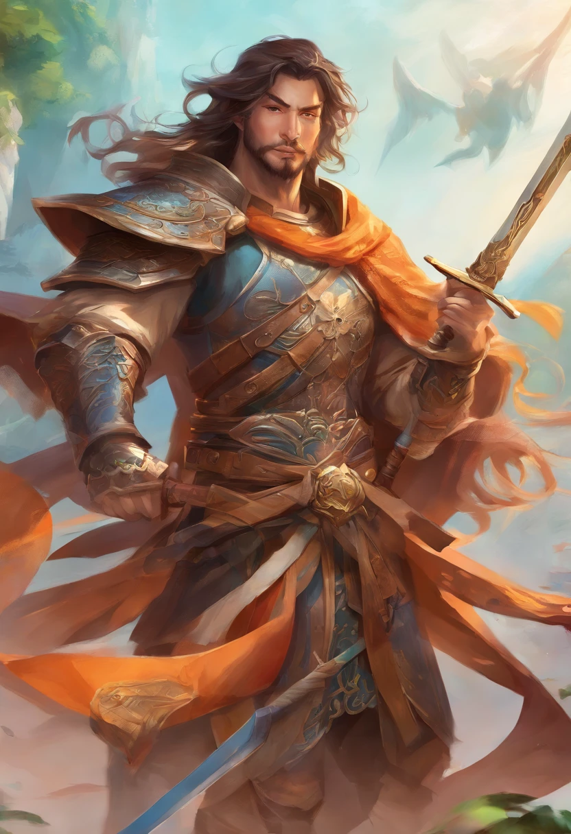 3d character bust of a swordsman, character concept, hand drawn cartoon illustration, Solid and vivid background, Fine, detailed scale, Soft lighting, game character, upper body, Created by Lois Van Barl and Reusch and Ross Tran and Ross Drås and Sam Yang and Sam Ess Arts and Altgerm, Best Quality, masutepiece