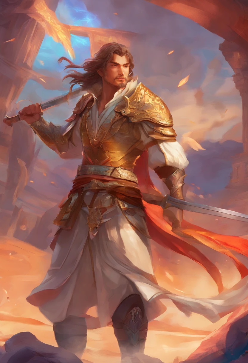 3d character bust of a swordsman, character concept, hand drawn cartoon illustration, Solid and vivid background, Fine, detailed scale, Soft lighting, game character, upper body, Created by Lois Van Barl and Reusch and Ross Tran and Ross Drås and Sam Yang and Sam Ess Arts and Altgerm, Best Quality, masutepiece