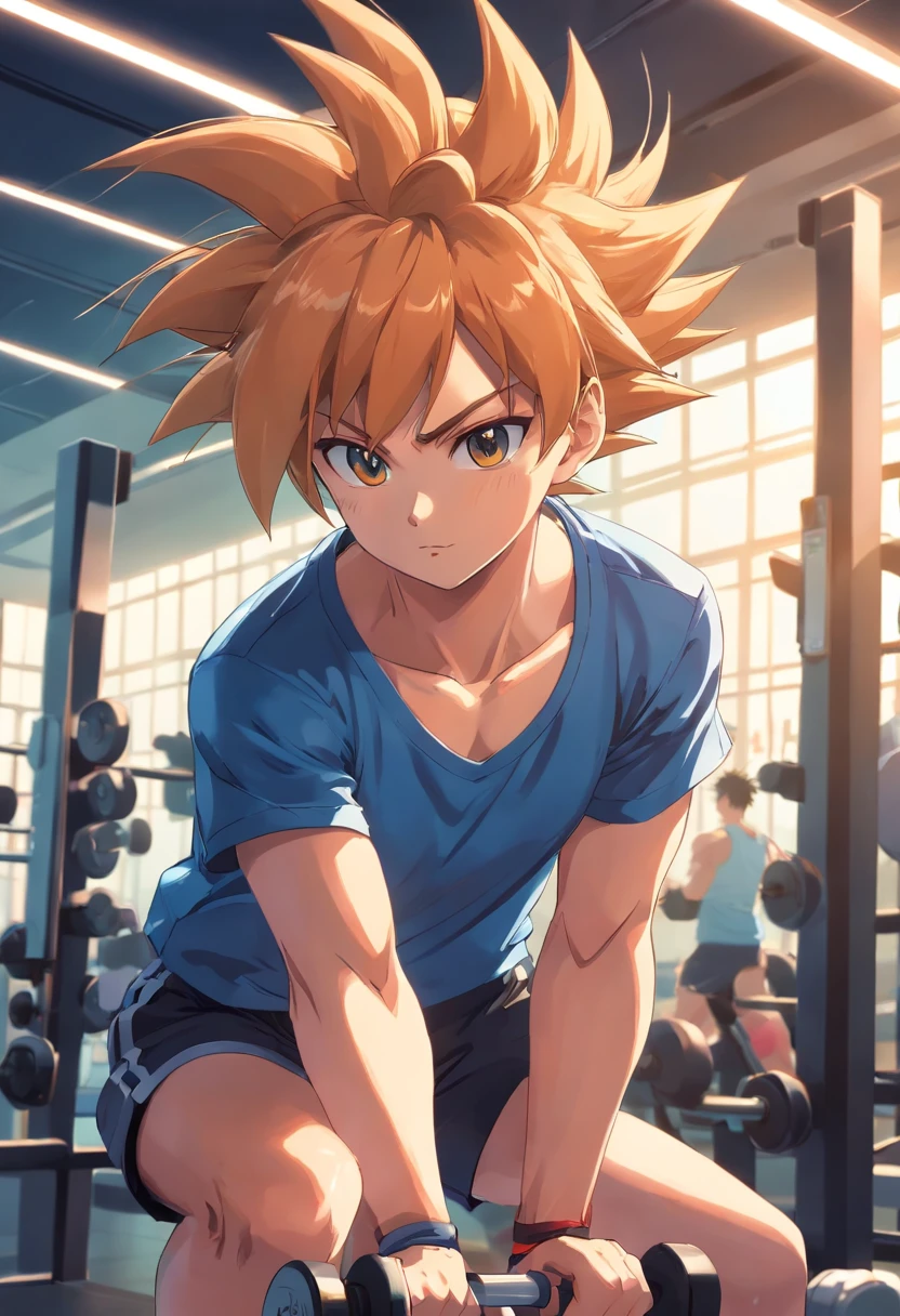 a T-shirt illustration of Songoku working out intensely in a gym