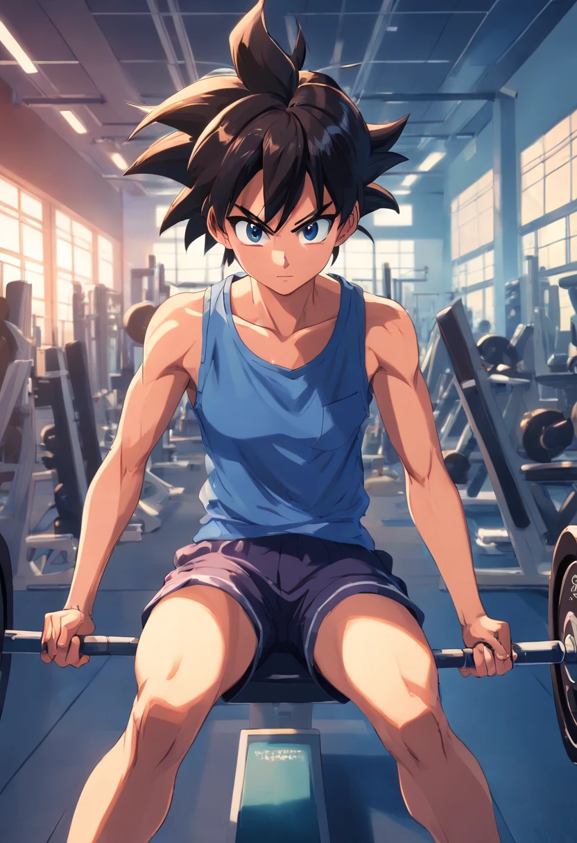 a T-shirt illustration of Songoku working out intensely in a gym