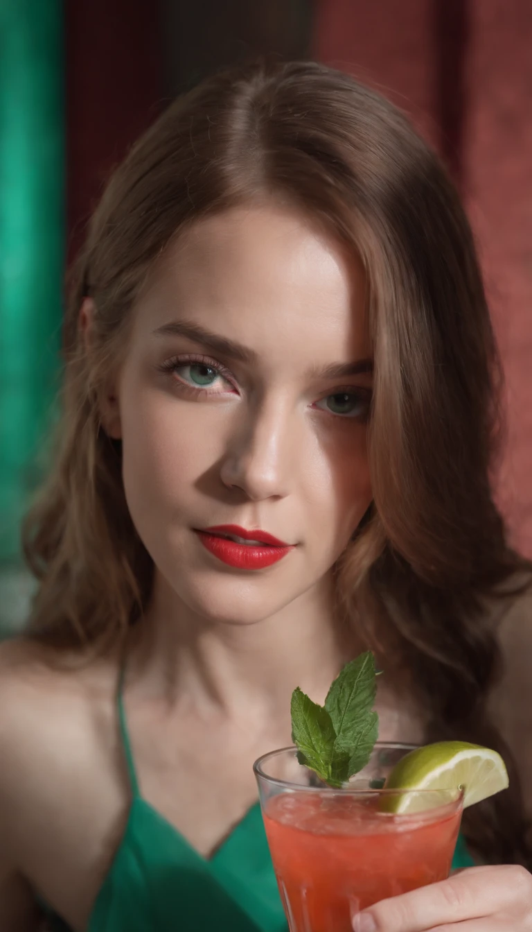 a young woman , fruit and cocktail, in the style of light red and light emerald, humorous imagery, wimmelbilder, close up,medium shot