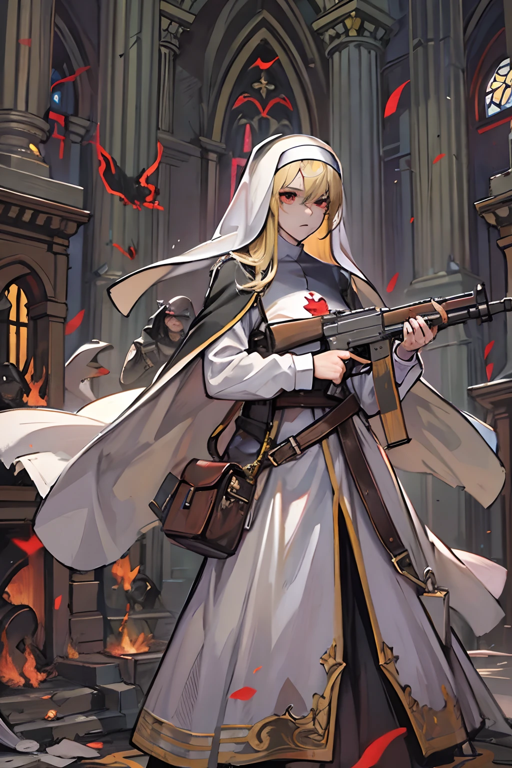 a nun wit red eye, blond hair, holding ak45, prepare for battle, damage church background