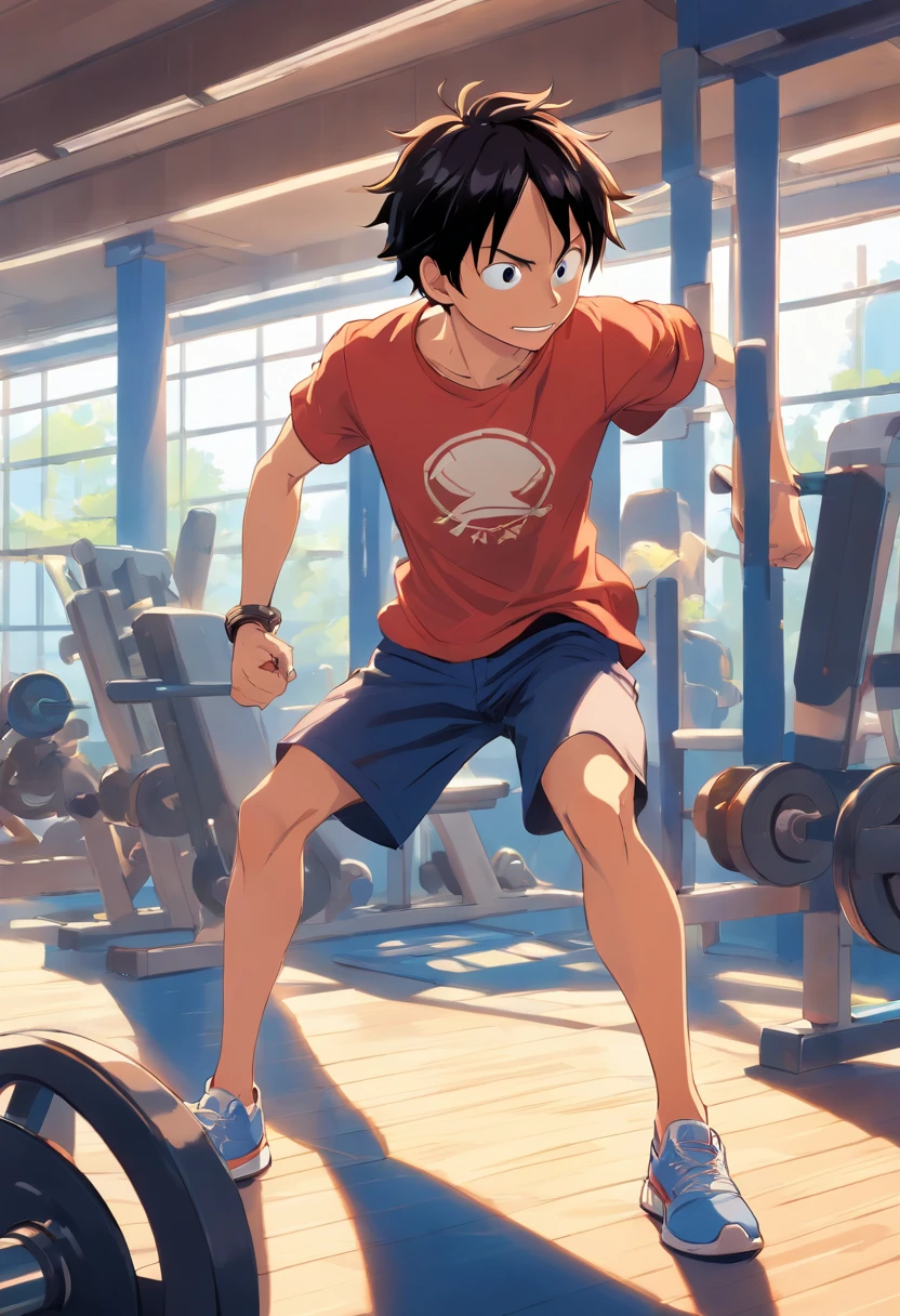 a T-shirt illustration of Luffy working out intensely in a gym