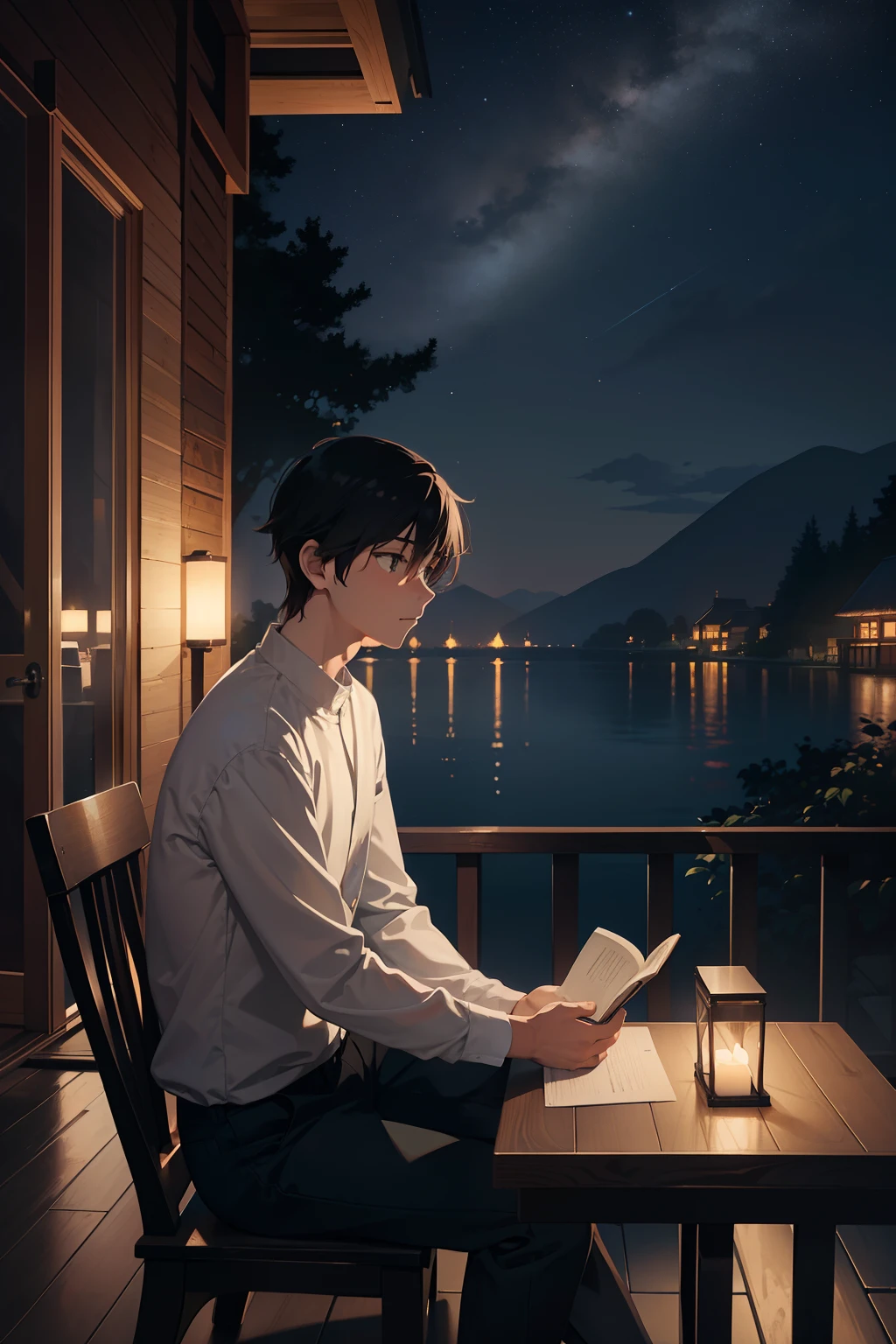 Create exquisite illustrations reminiscent of Makoto Shinkai's style, It has ultra-fine details and top-notch quality. Create illustrations set in a lakeside lodge on a quiet night. Under Soft, The ethereal glow of lodge lighting, Man sitting on the terrace, Drink coffee while obsessed with books. Warm light creates a nostalgic and dreamy atmosphere in the lakeside environment. The serene beauty of the lakeside, Sparkling water reflects the starry sky, Adds to the charm of the moment. Ambient lighting、The atmosphere is calm、Produces an almost surreal quality, The ideal place for solitary contemplation. The man's face reflects serenity and satisfaction, Capture a moment of quiet reflection、Escape from the outside world