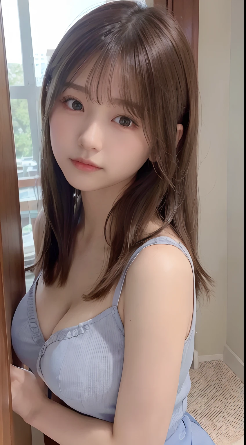 bright表情、photorealistic stick:1.32、highest quality、超A high resolution、Photos of the most beautiful Japan girls、cute and beautiful face details、small face、(Pueros face_V1:0.008)、美しいbangs、14 years old、Brilliant white skin、hair gets tangled in face、顔まで伸びるbangs、bangs、hair between eyes、charming brown silky hair、bright、Clear light blue eyes shine charmingly、dynamic pose、highest quality、disorganized、((the cutest girl in the world))、Japanese、14 years oldの女の子、sitting on the sofa bed、((dress with frills:1.3))、(half side up hair:1.3)、(tie with a thin ribbon)、nice and cute、innocent smile、nice smile、Bumpy chest、(small breasts:1.3)、(Crawl on all fours and look up:1.2)、ponytail、brown hair、thin waist、detailed beautiful eyes、view audience、Upper body、close up of face、Front view、