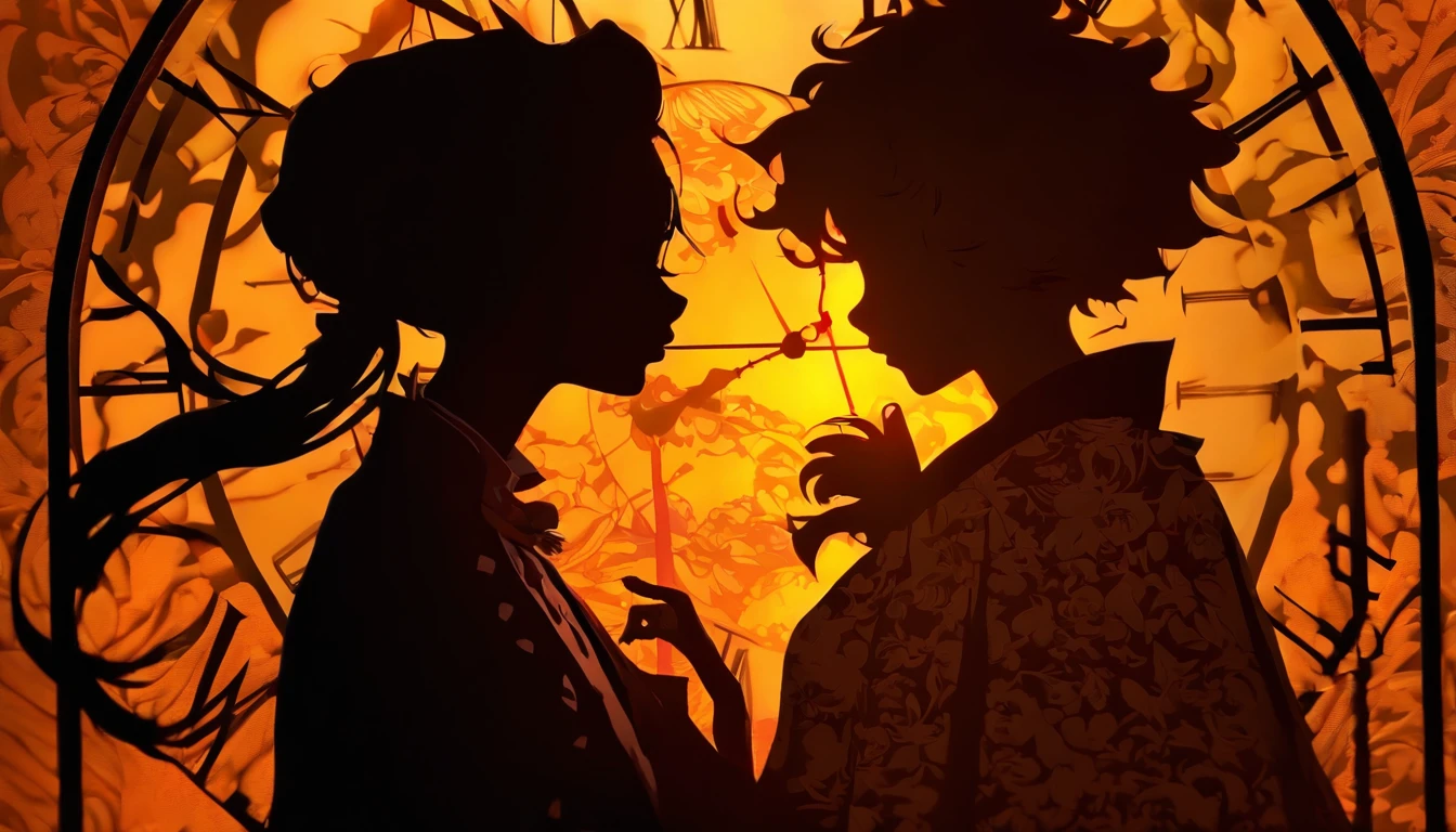 (Silhouette Art,cutouts:1.6)
(((Paper cutting art,A world where only black exists:1.3)

(Cowboy Shot),1 girl,Solo,
(Girl dressed as a witch,profile:1.2),white, Clear and beautiful face,Sunrise behind

break
(Yellow clock)
Textured glass background,Arcana World