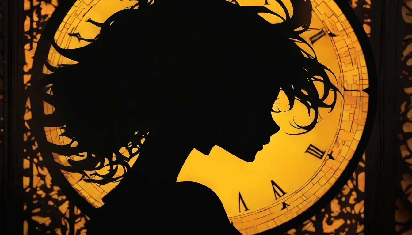 (Silhouette Art,cutouts:1.6)
(((Paper cutting art,A world where only black exists:1.3)

(Cowboy Shot),1 girl,Solo,
(Girl dressed as a witch,profile:1.2),white, Clear and beautiful face,Sunrise behind

break
(Yellow clock)
Textured glass background,Arcana World