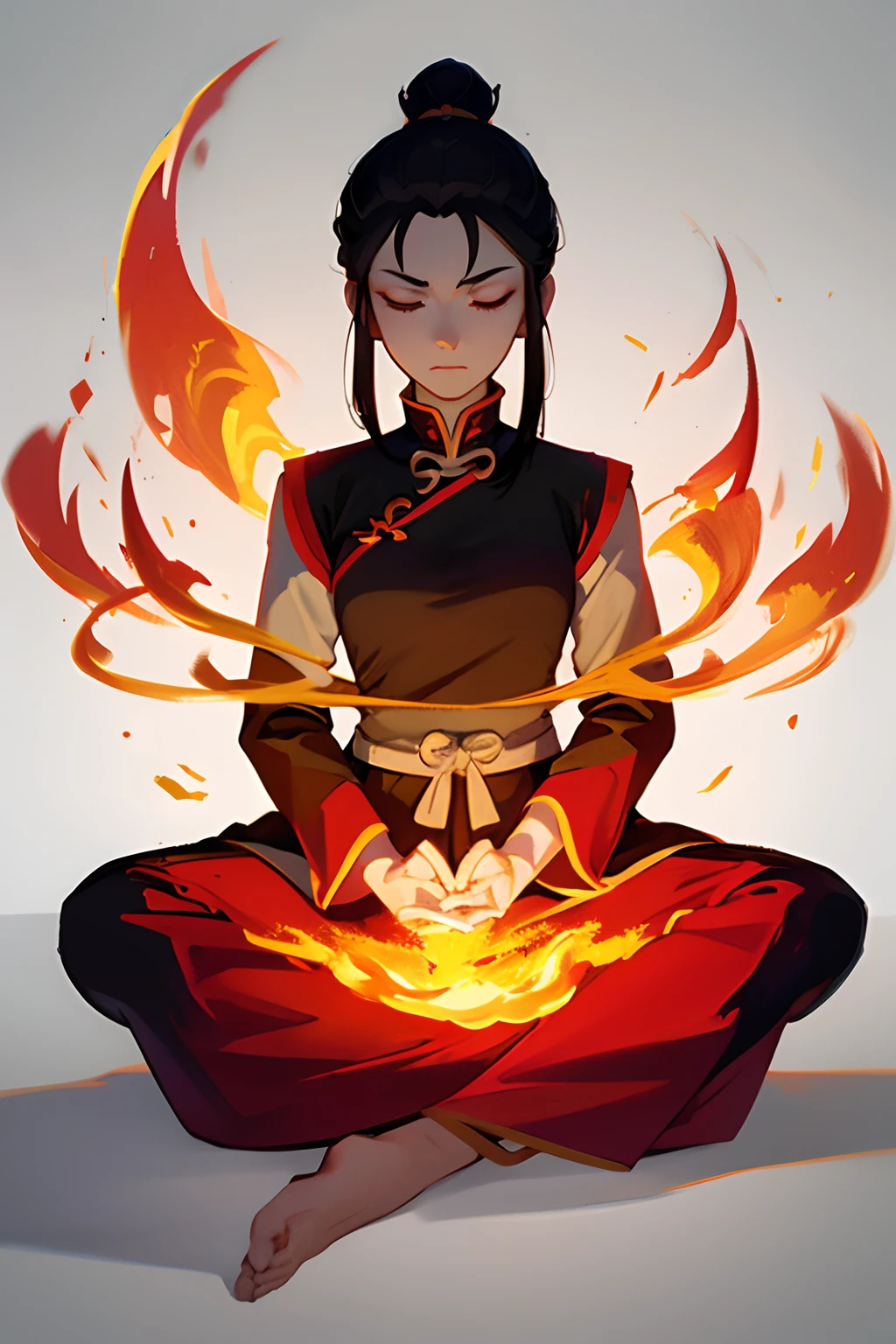 masterpiece, best quality, 1girl, azula, fire nation clothes, azula (avatar the last airbender), solo, black hair, fire, dark, long hair, topknot, serious, closed eyes, meditating, sitting, avatar meditation, 14 year old, white background, azula from avatar the last airbender, princess azula