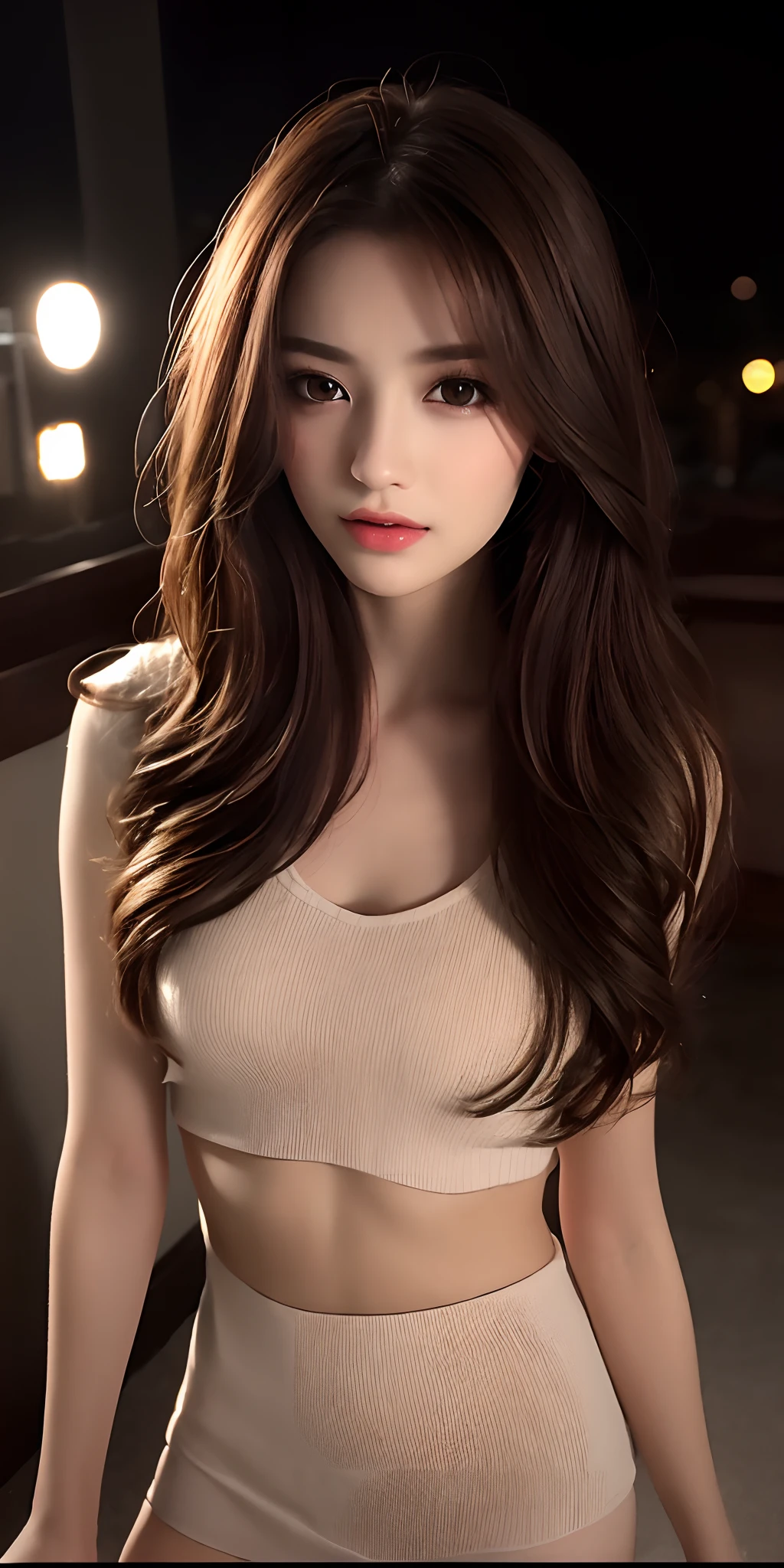 a girl in hot clothes with long brown hair she blushing hard and her tongue is out she in a hot pose (from back)