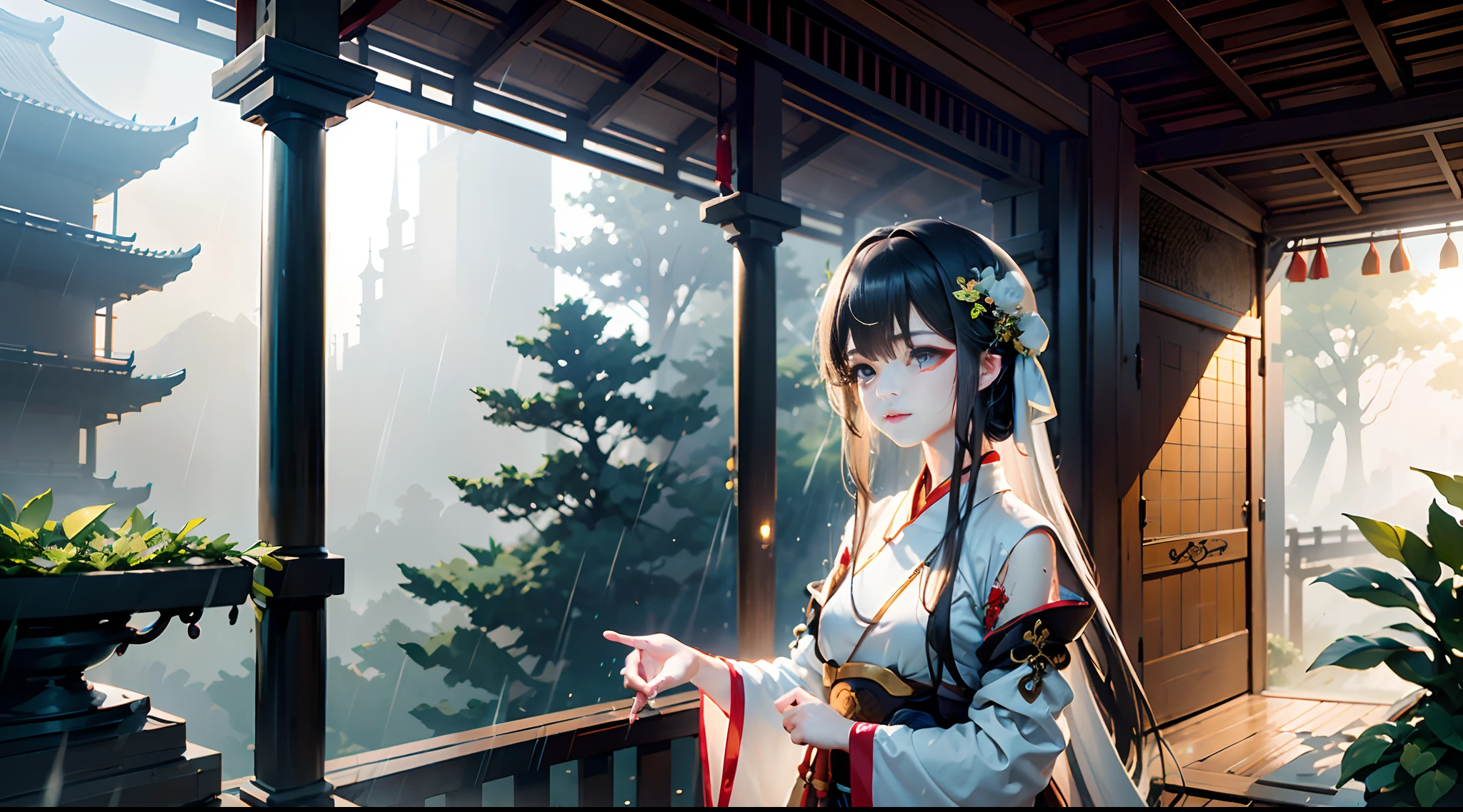 Best quality,Masterpiece,超高分辨率,Photorealistic,1 girl,White silk hanfu,Dripping eaves,stone,Think about the setting under the eaves,(Real rain),bamboo forrest,Small streams,Leaning_against a wall,in a panoramic view,(Dynamic Angle)，