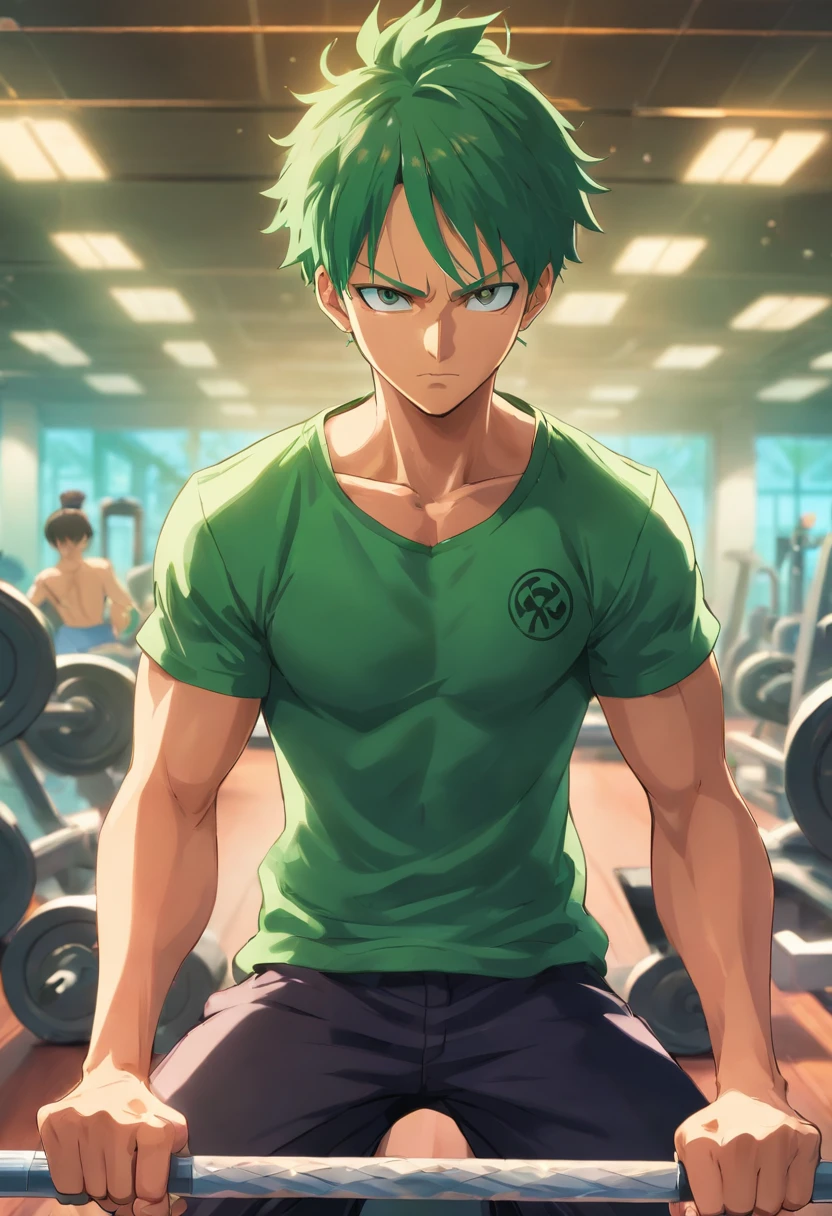a T-shirt illustration of Zoro working out intensely in a gym
