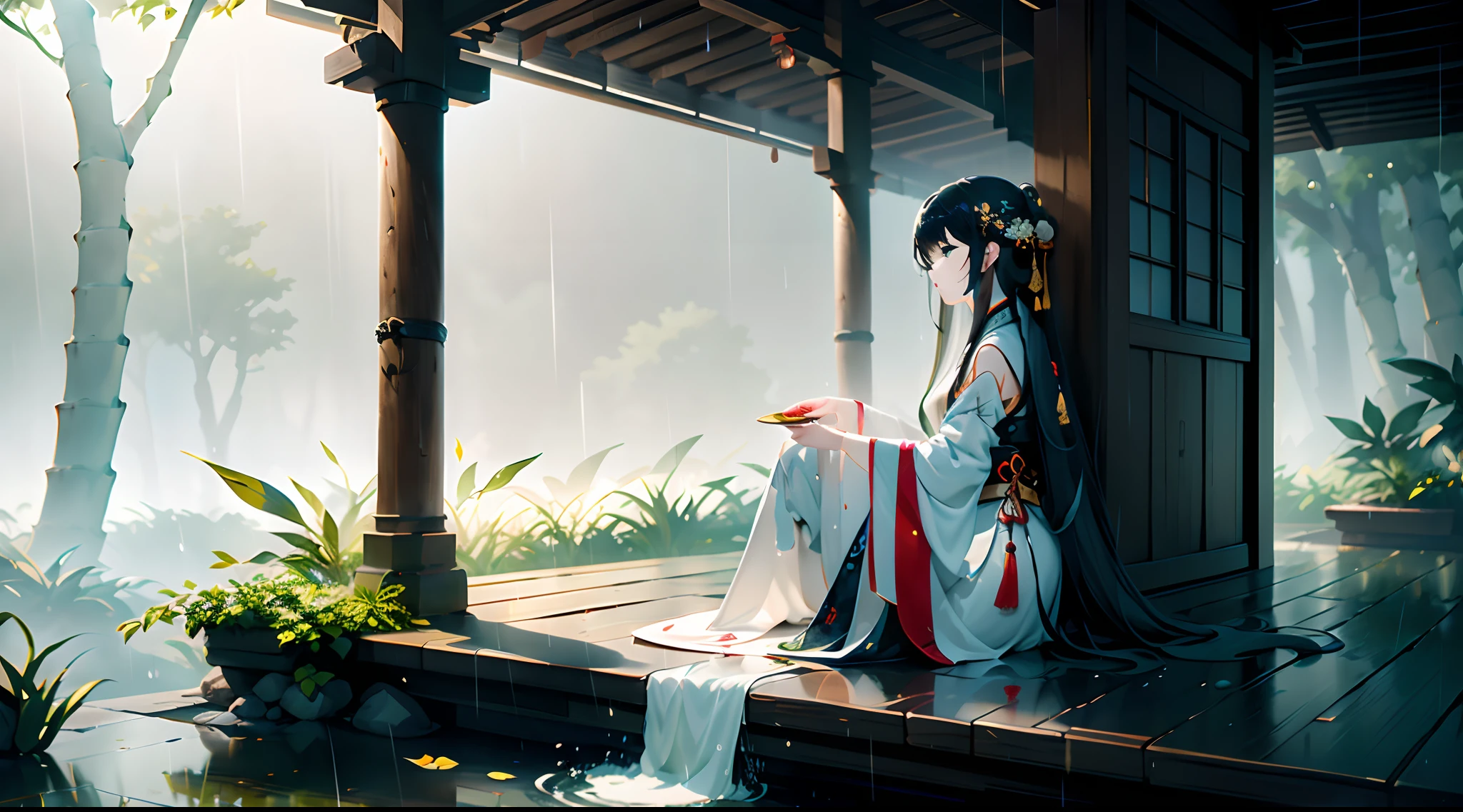 Best quality,Masterpiece,超高分辨率,Photorealistic,1 girl,White silk hanfu,Dripping eaves,stone,Think about the setting under the eaves,(Real rain),bamboo forrest,Small streams,Leaning_against a wall,in a panoramic view,(Dynamic Angle),