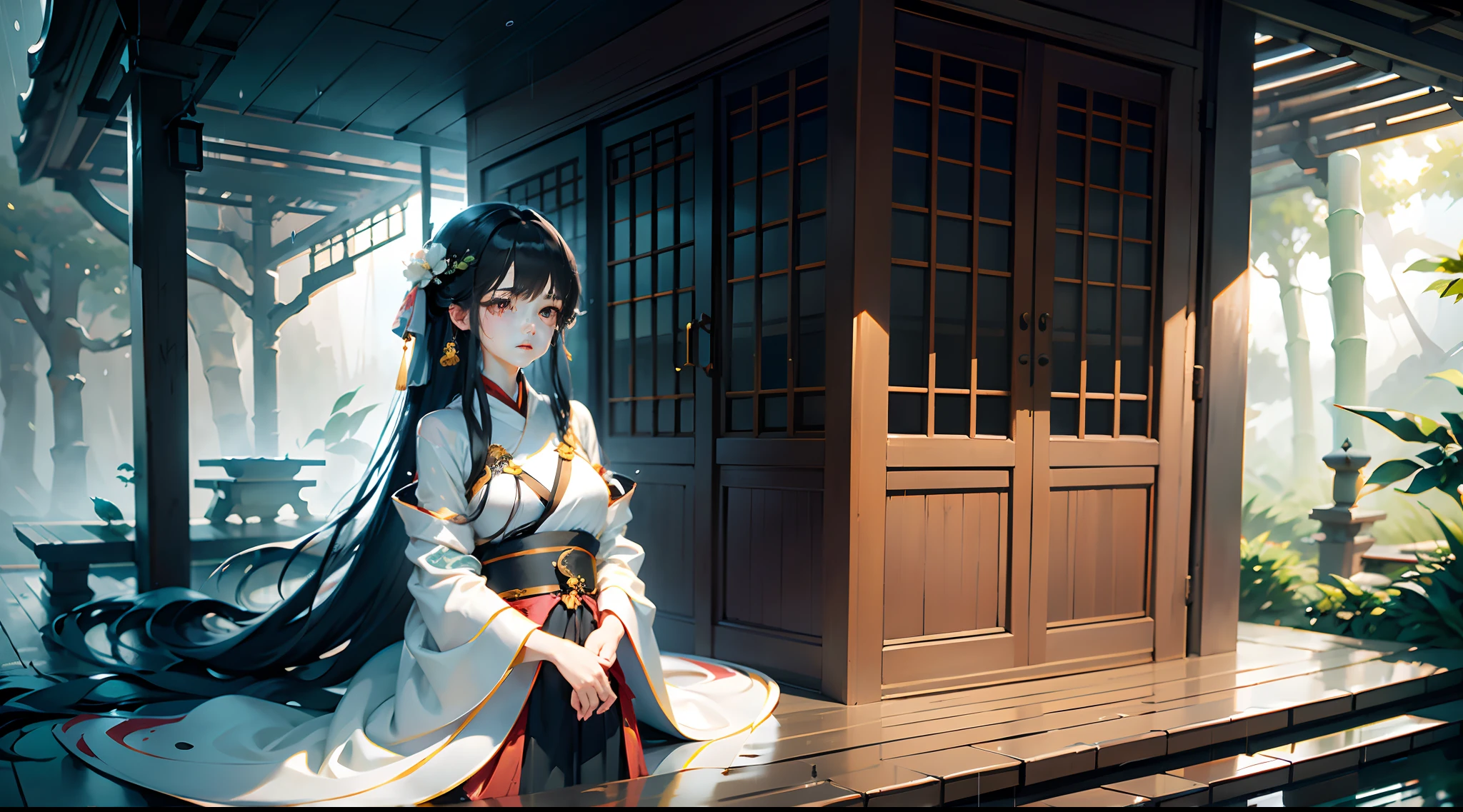 Best quality,Masterpiece,超高分辨率,Photorealistic,1 girl,White silk hanfu,Dripping eaves,stone,Think about the setting under the eaves,(Real rain),bamboo forrest,Small streams,Leaning_against a wall,in a panoramic view,(Dynamic Angle),