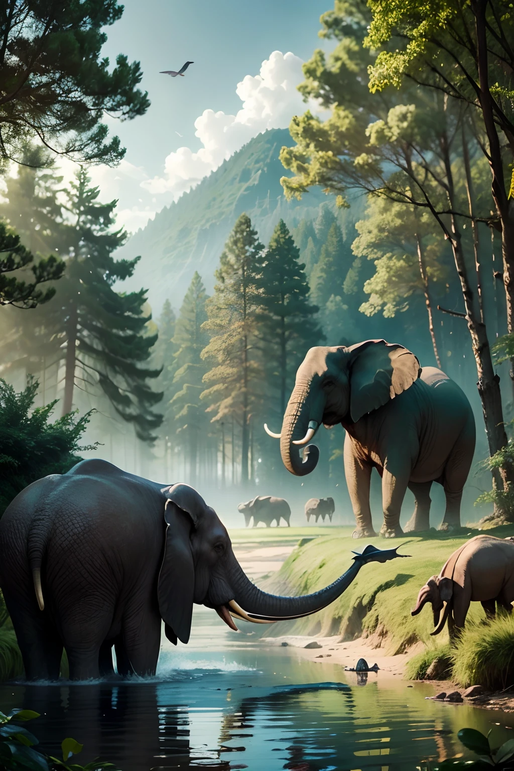 Spawn an elephant,at the lakes,ln the forest,rays of sunshine,Flying birds,There are dinosaurs in the distance,great outdoors,Rich in color,red colour,orange colors,the detail,4K,k hd