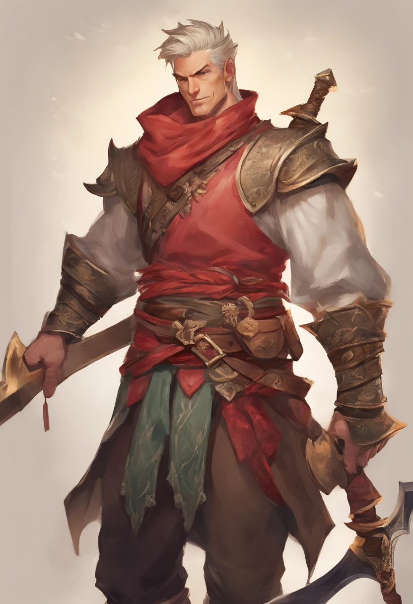 3d character bust of a swordsman, character concept, hand drawn cartoon illustration, Solid and vivid background, Fine, detailed scale, Soft lighting, game character, upper body, Created by Lois Van Barl and Reusch and Ross Tran and Ross Drås and Sam Yang and Sam Ess Arts and Altgerm, Best Quality, masutepiece