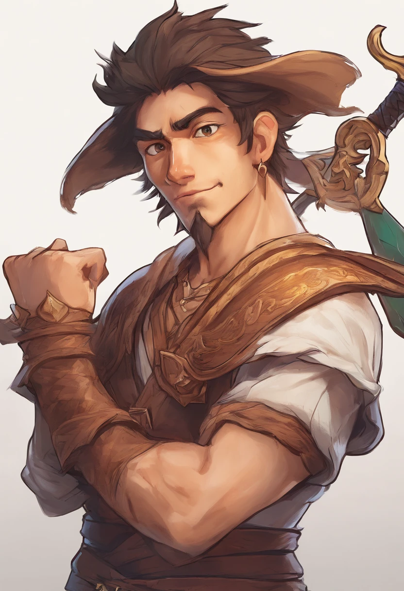 3d character bust of a swordsman, character concept, hand drawn cartoon illustration, Solid and vivid background, Fine, detailed scale, Soft lighting, game character, upper body, Created by Lois Van Barl and Reusch and Ross Tran and Ross Drås and Sam Yang and Sam Ess Arts and Altgerm, Best Quality, masutepiece