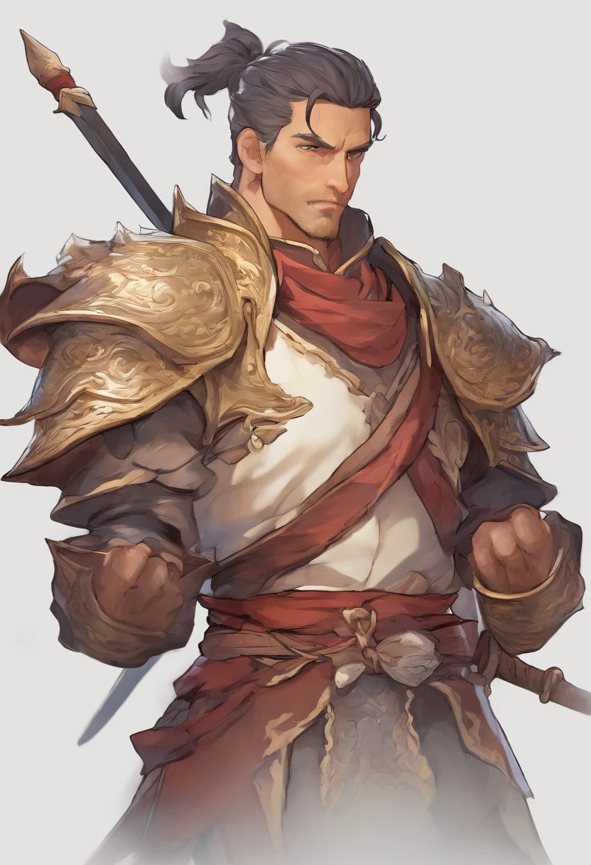 3d character bust of a swordsman, character concept, hand drawn cartoon illustration, Solid and vivid background, Fine, detailed scale, Soft lighting, game character, upper body, Created by Lois Van Barl and Reusch and Ross Tran and Ross Drås and Sam Yang and Sam Ess Arts and Altgerm, Best Quality, masutepiece