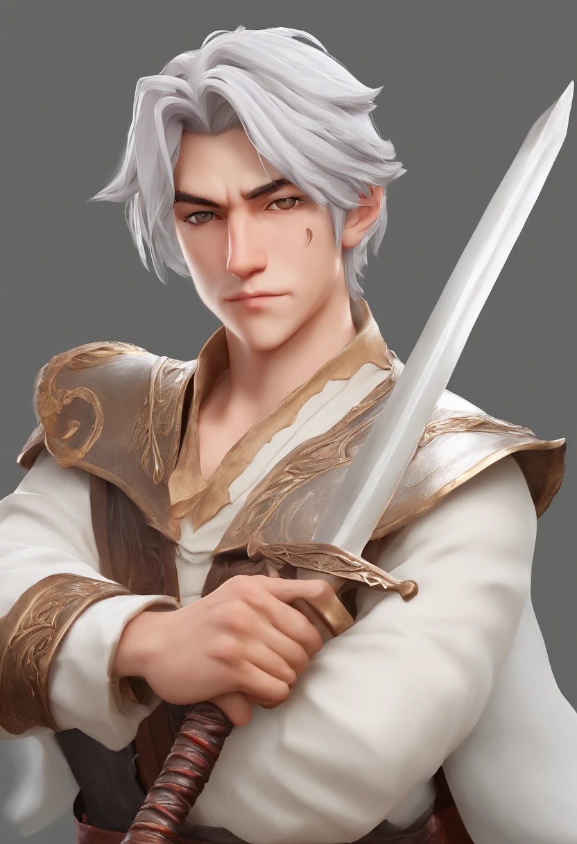 3d character bust of a swordsman, character concept, hand drawn cartoon illustration, Solid and vivid background, Fine, detailed scale, Soft lighting, game character, upper body, Created by Lois Van Barl and Reusch and Ross Tran and Ross Drås and Sam Yang and Sam Ess Arts and Altgerm, Best Quality, masutepiece
