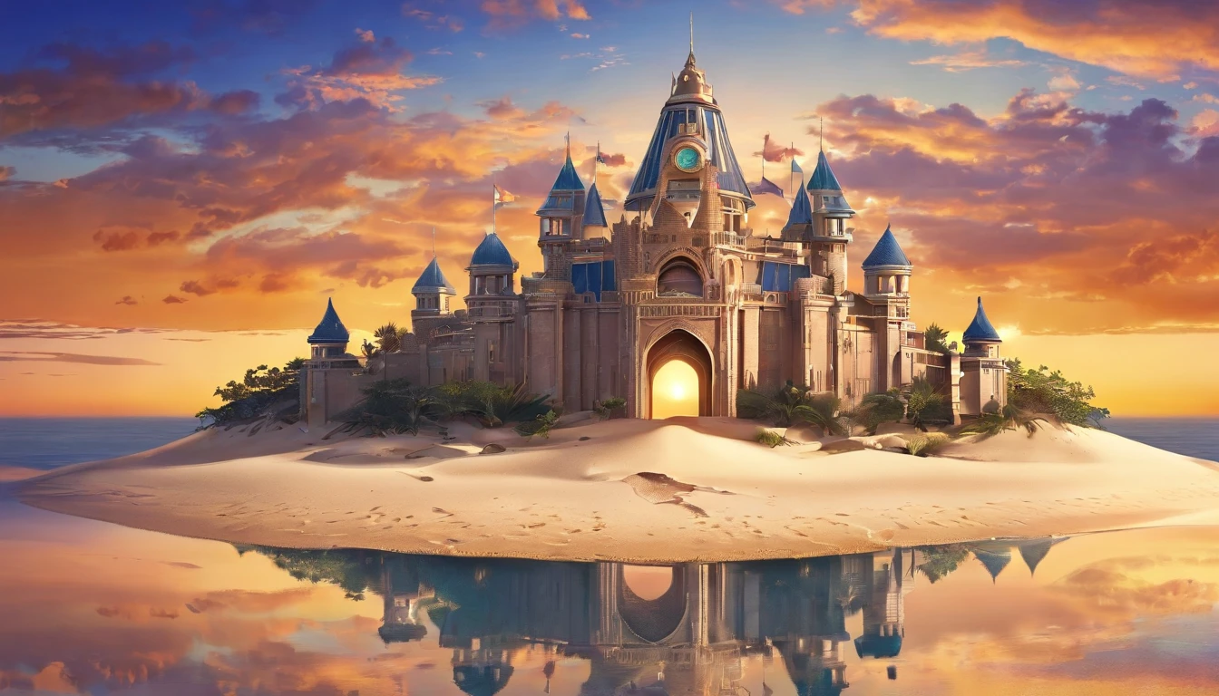 desert island, only exist castle made of sand, ruined castle, white sand, sunset, sunset sun, moon, ocean, oasis,