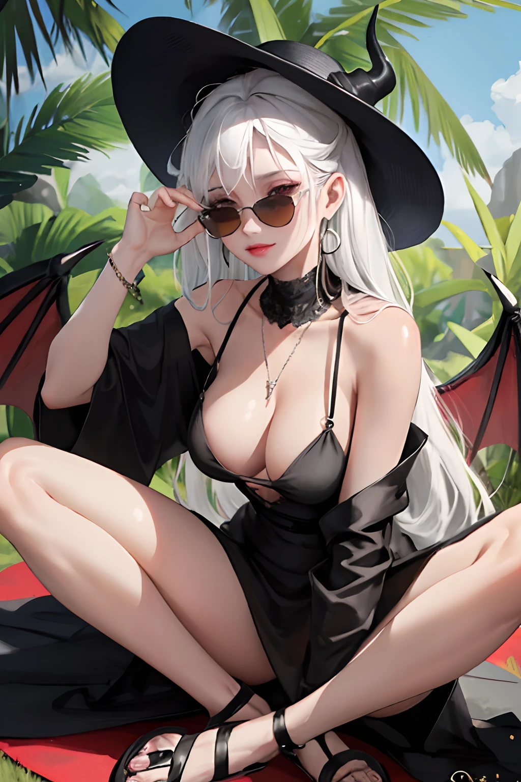 (masterpiece:1.2, best quality), 1girl, smirk, slim, slender, red eyes, sharp eyes, big_breasts, big_chest, leaning forward, facing viewer, dress, wide-brimmed hat, strappy sandals, oversized sunglasses, simple hoop earrings, shell necklace, areola slip, down blouse, embarrassed, long white hair, albino, succubus tattoo, beautiful black dress, devil wings, devil horns, highly saturated, ^ ^, nature, yoga studios, serene spaces