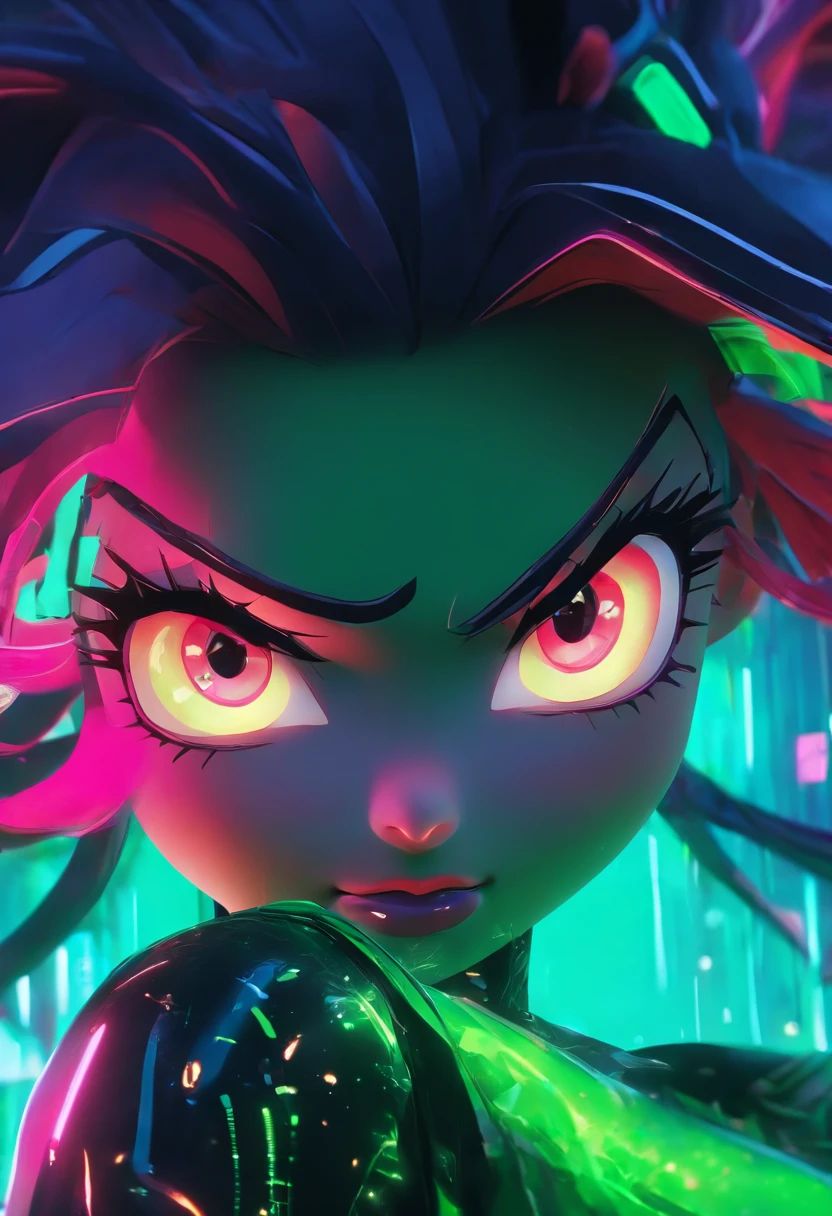 a 3D render， ip， cyber punk style， chibi， Lovely and charming woman，best qualtiy， C4D， OC renderer， 3D model， vivd colour， styled， A high resolution， A lot of detail，  Fashion trends， Artistically， Emerald-like green eyes，The title of a red-haired girl is Witch，A style rendered in octane，cartoon realism，I can't believe how beautiful this is，After the button focused，Vivid facial expressions，super heroes，Light white and black