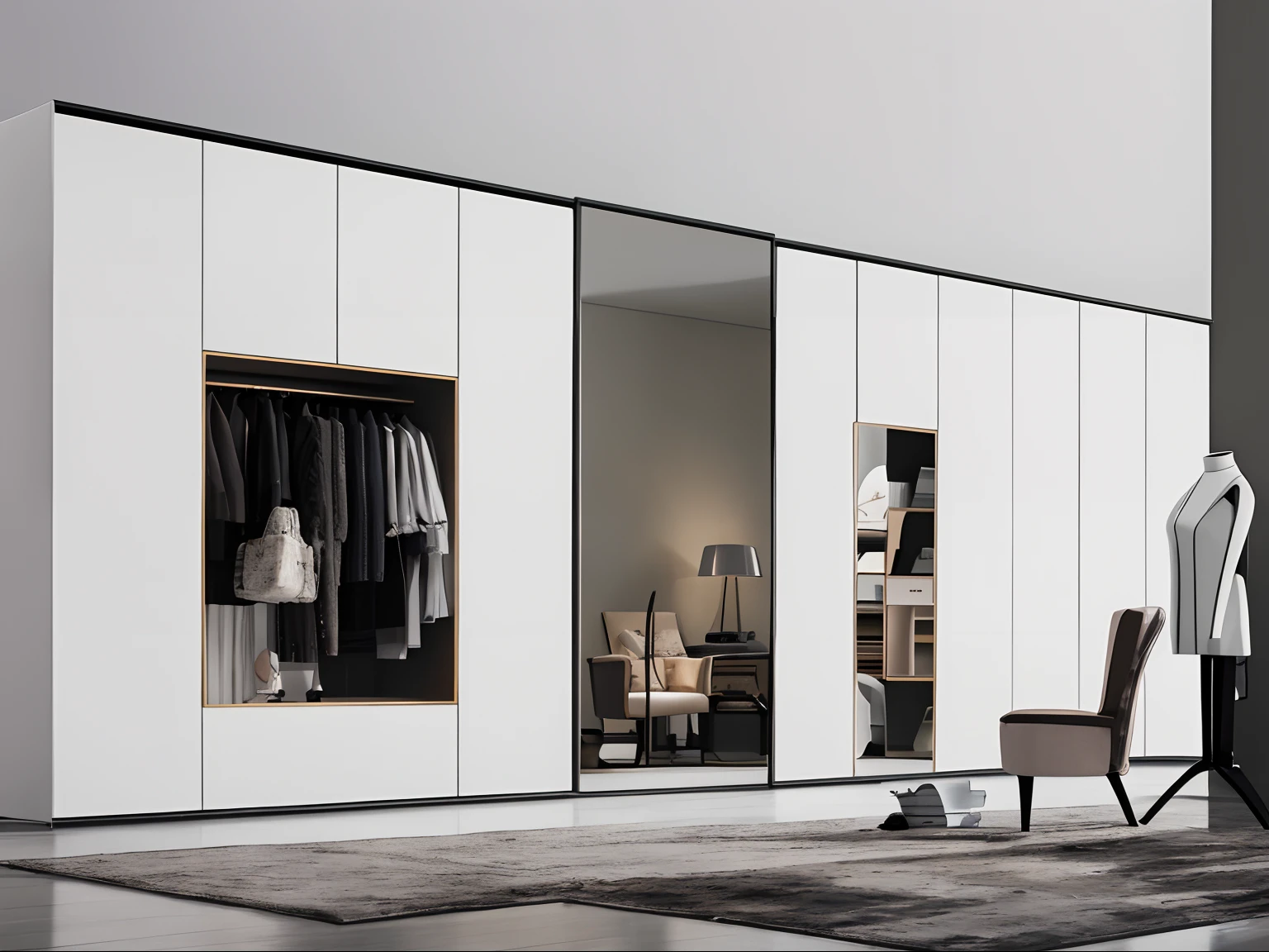 There was a room with wardrobe and chairs, elegant wardrobe, elegant minimalism, elegant futuristic wardrobe, minimal modern, author:Mirabello Cavalori, modern minimalist f 2 0 clean, ultra realistic”, ultra realistic”, Modern minimalist, super realistic”, ultrafine detail ”, display”, hyperrealistic”, hyperrealistic ”, How to design, modern minimalist f 2 0
