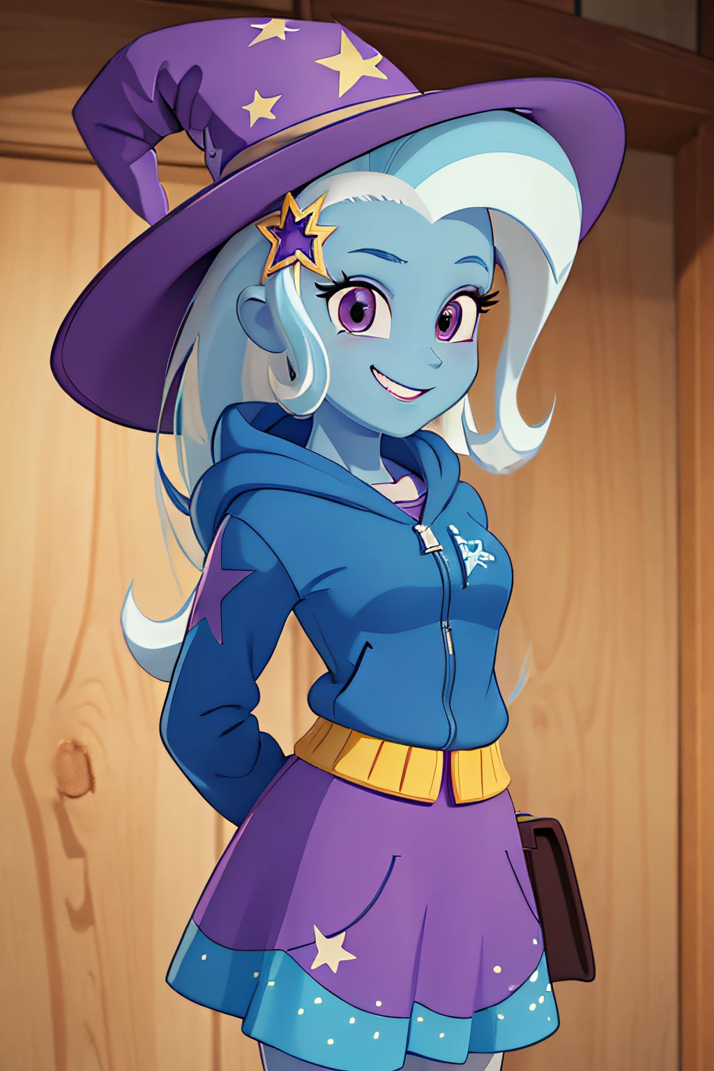 (masterpiece, best quality:1.2),cowboy shot,solo,1girl,mlptrixie,colored skin,blue skin,smile,looking at viewer,arms behind back,star hair ornament,witch hat,blue hoodie,purple skirt,