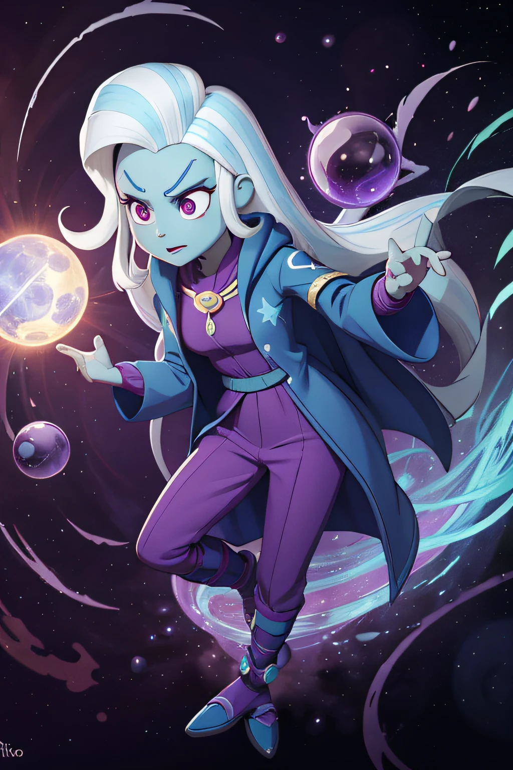 Trixie lulamoon suprema, Blue skin Dark doctor's strange clothes, Amuleto alicornio, Cosmic powers, Poderes omnipotentes de Beyonder, regulador astral, cuerpo completo